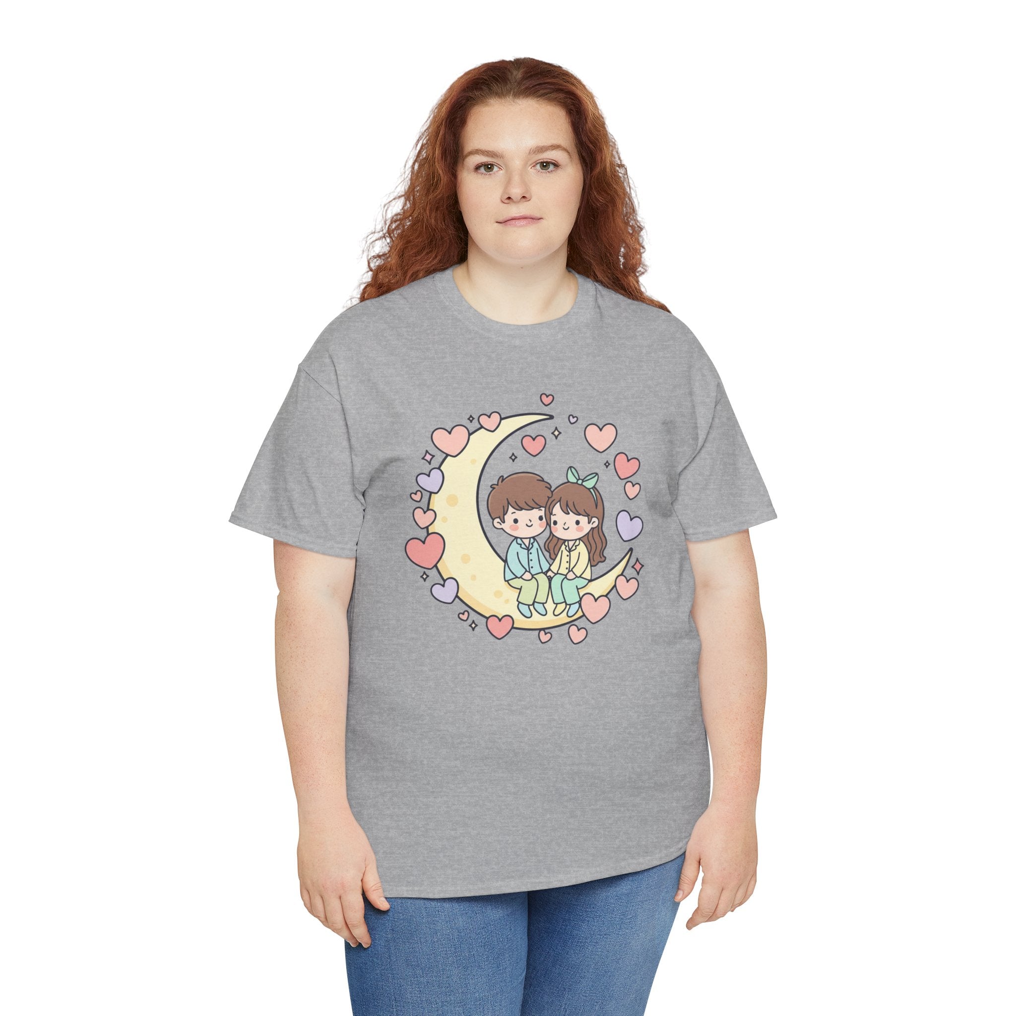 Cute Couple on Moon Valentine's Day T-Shirt | Kawaii Heart Illustration