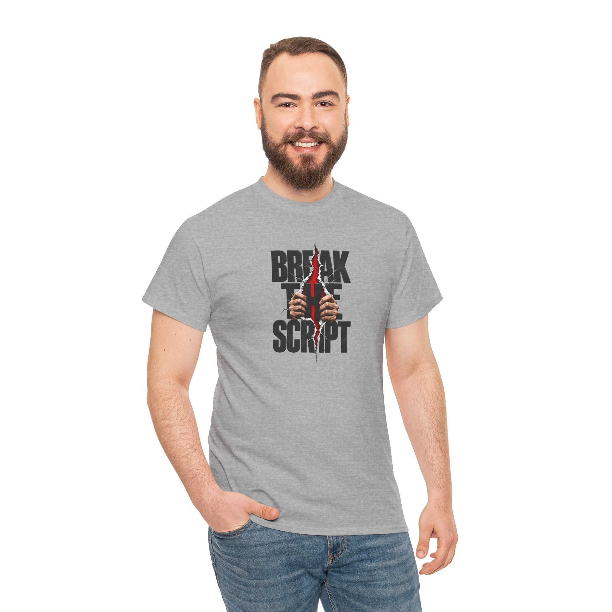 Break the Script hands ripping text Tee | Rebellious typography shirt