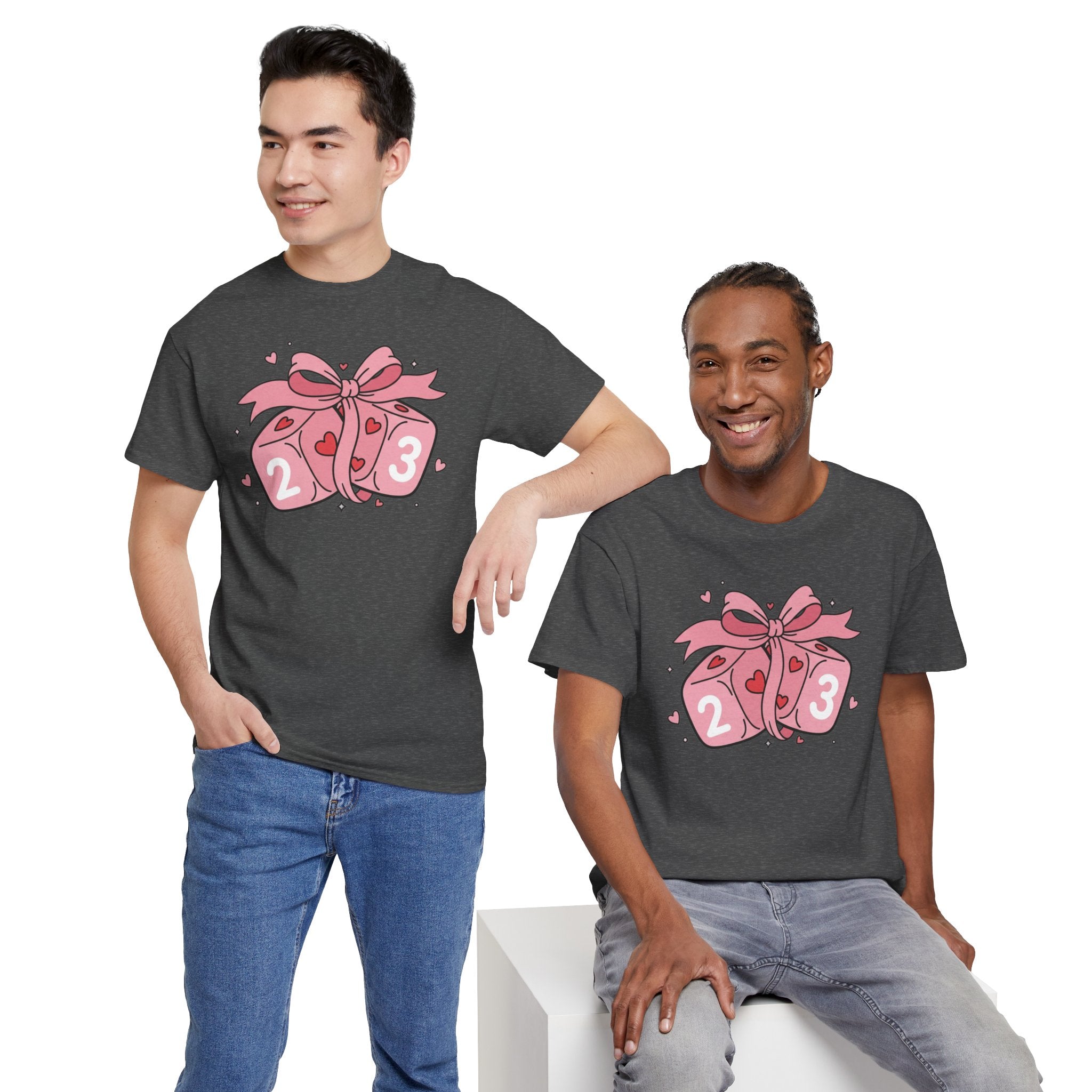 Valentine's Day Pink Dice T-Shirt | Cute D6 Gaming Tee with Bow