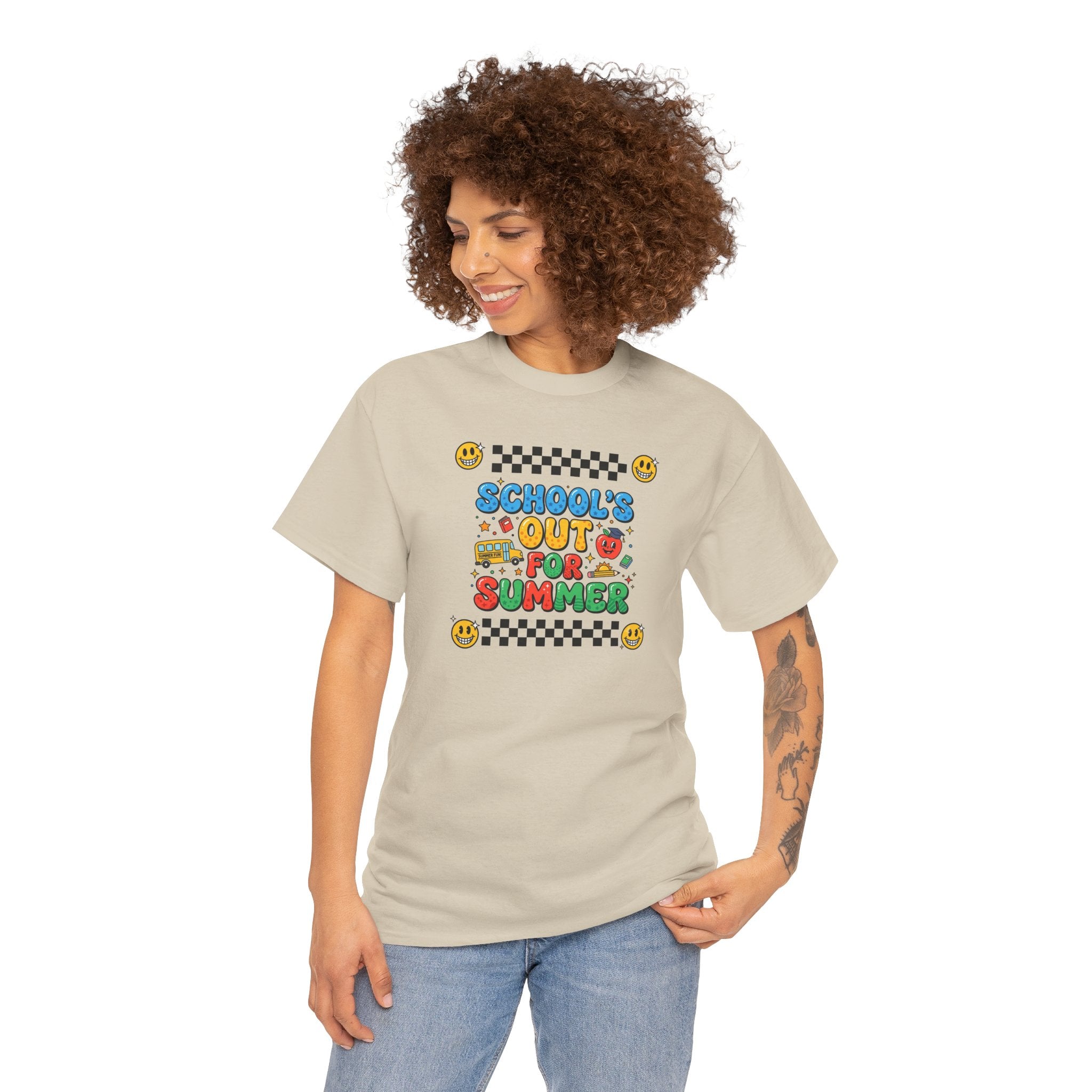 School's Out for Summer T-Shirt | Retro Smileys, Checkerboard, Bright Kids Graphic