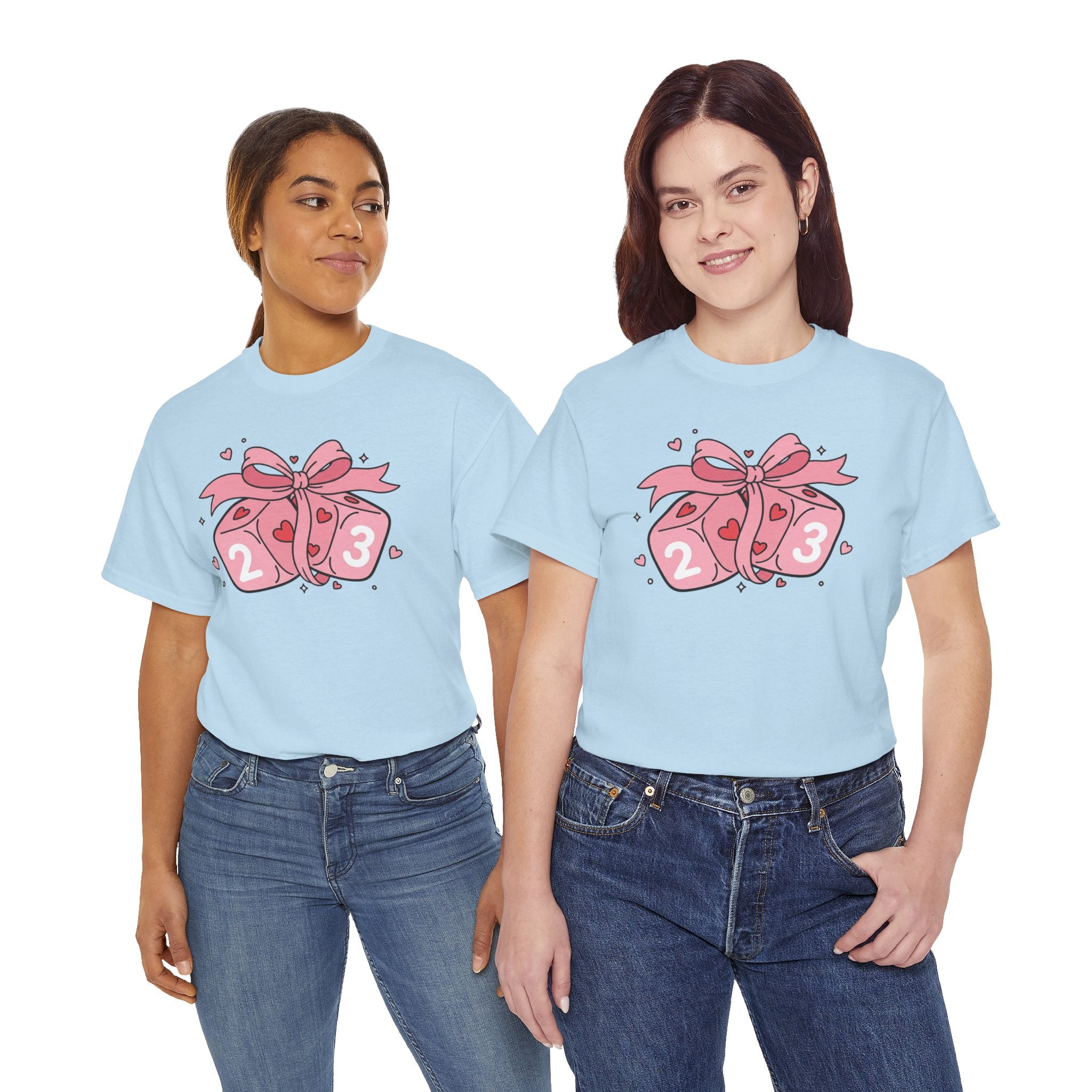 Valentine's Day Pink Dice T-Shirt | Cute D6 Gaming Tee with Bow