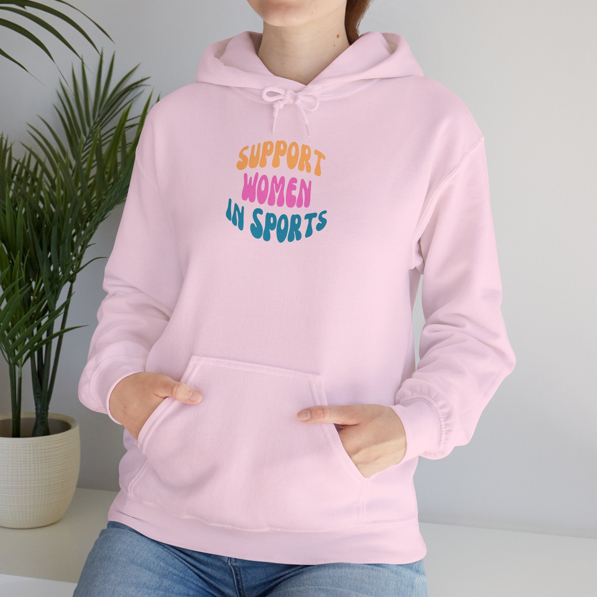 Support Women in Sports Hoodie | Rainbow Text Athletic Advocacy Sweatshirt
