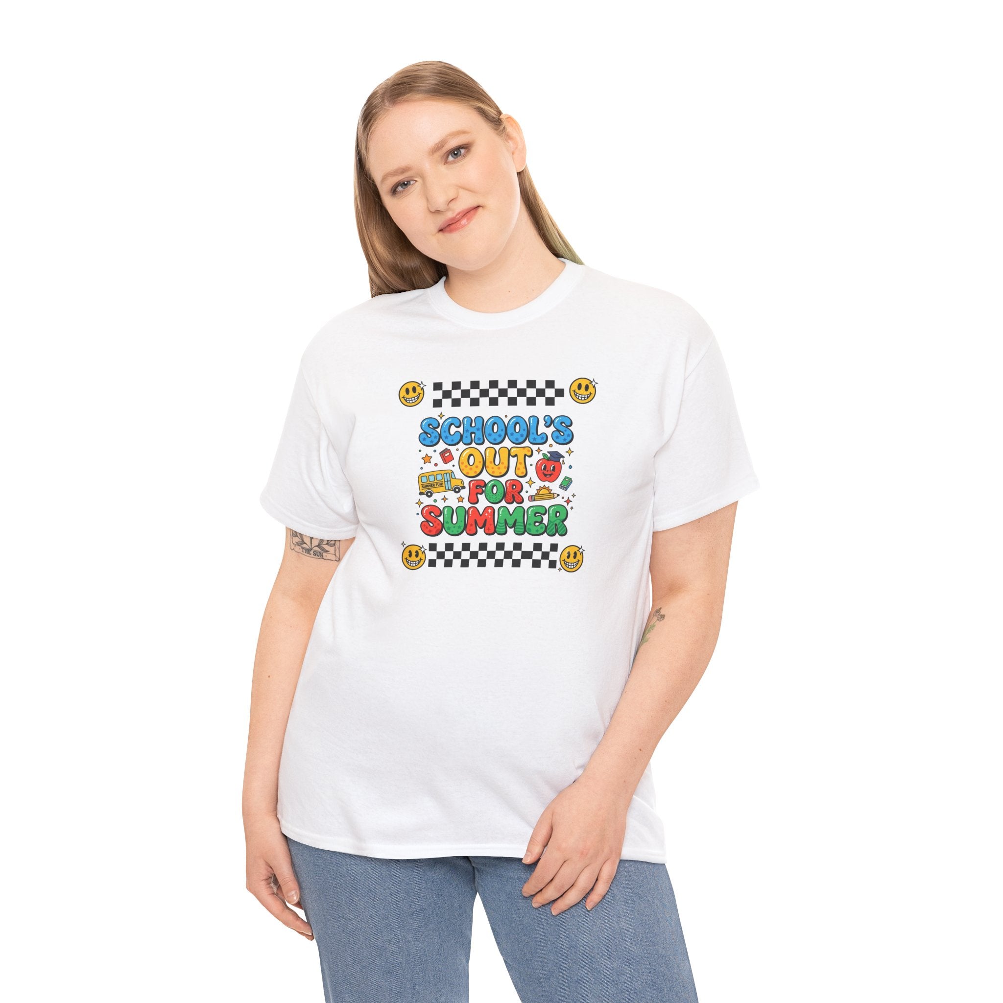 School's Out for Summer T-Shirt | Retro Smileys, Checkerboard, Bright Kids Graphic