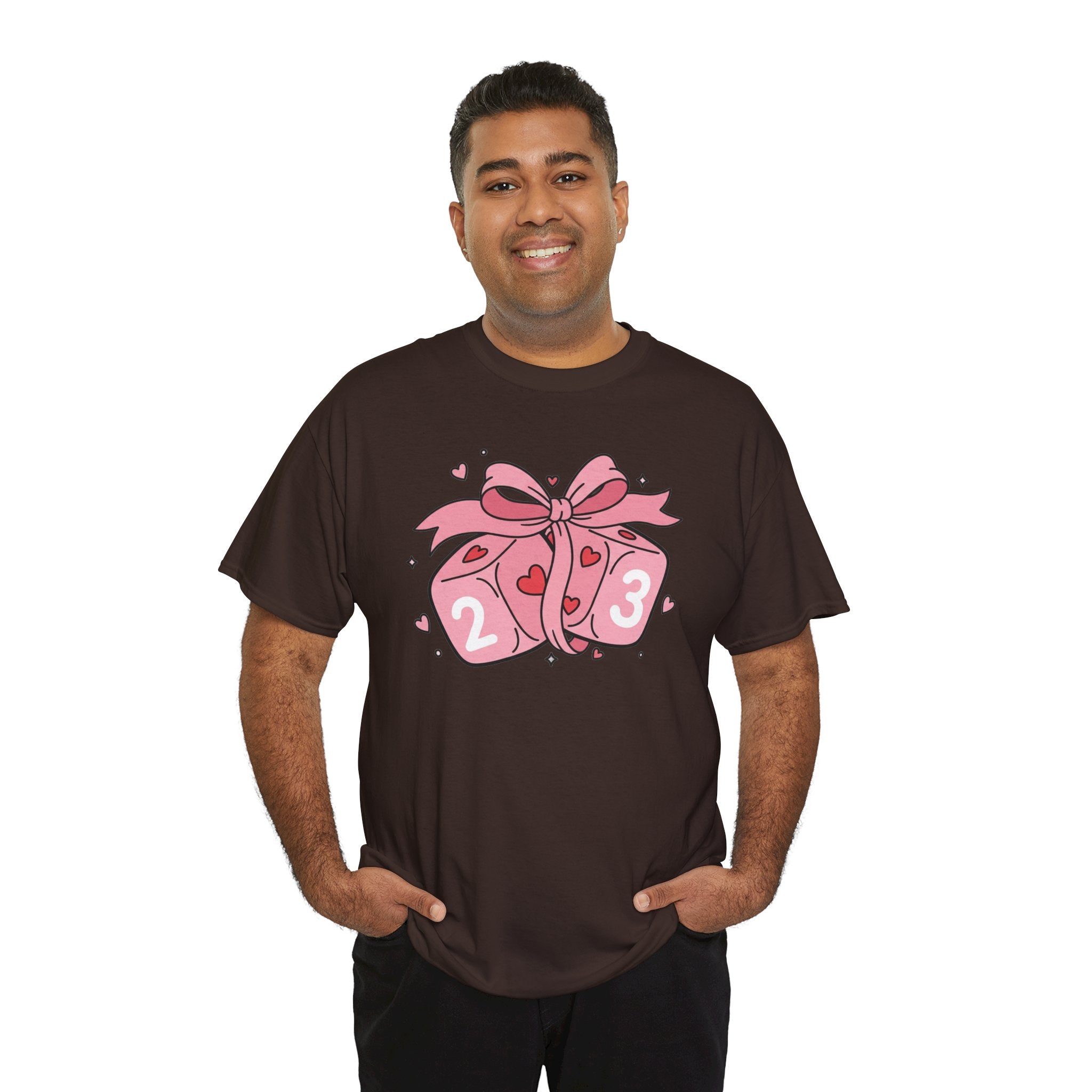 Valentine's Day Pink Dice T-Shirt | Cute D6 Gaming Tee with Bow