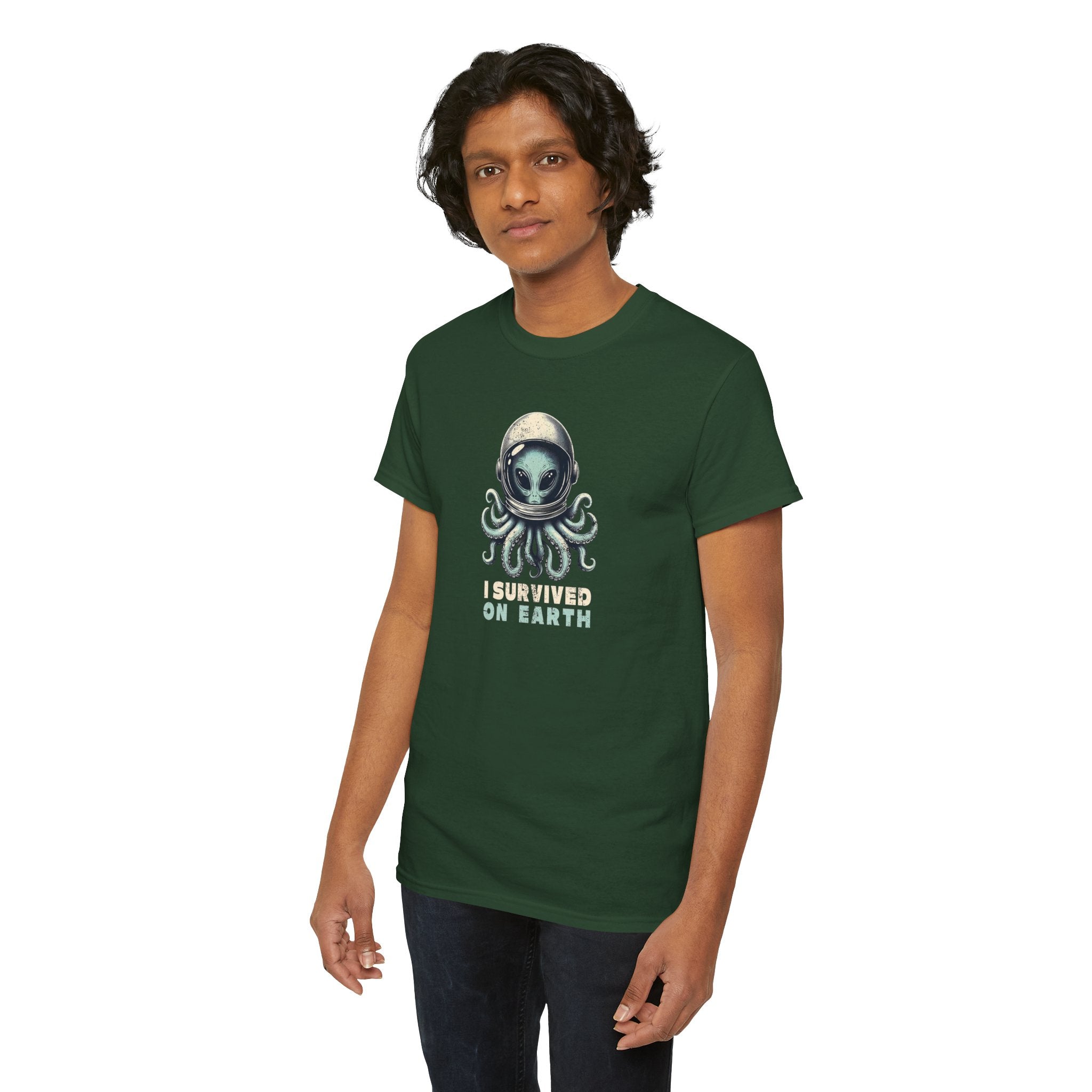 I Survived on Earth Alien Octopus Tee | Space Helmet Illustration