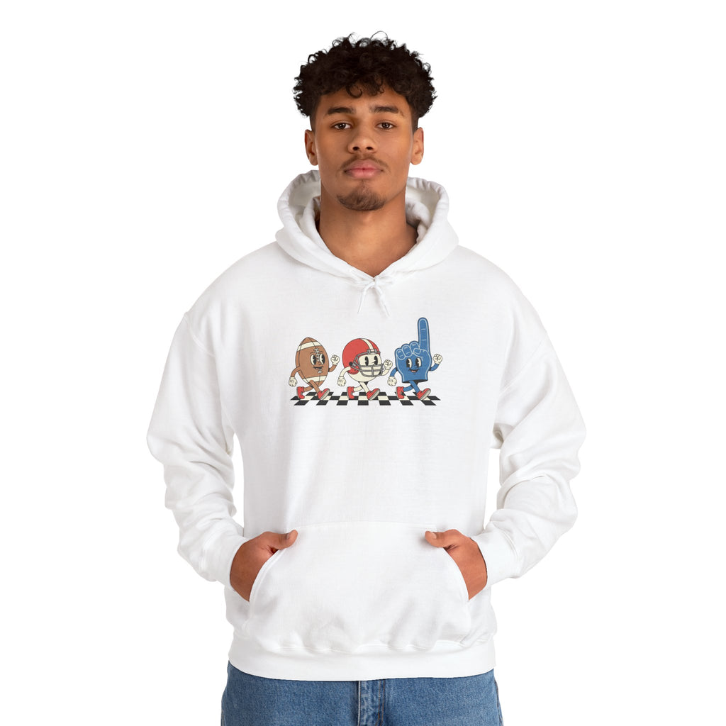 Vintage Football Characters Hoodie | Cartoon Helmet, Foam Finger, Football Mascot
