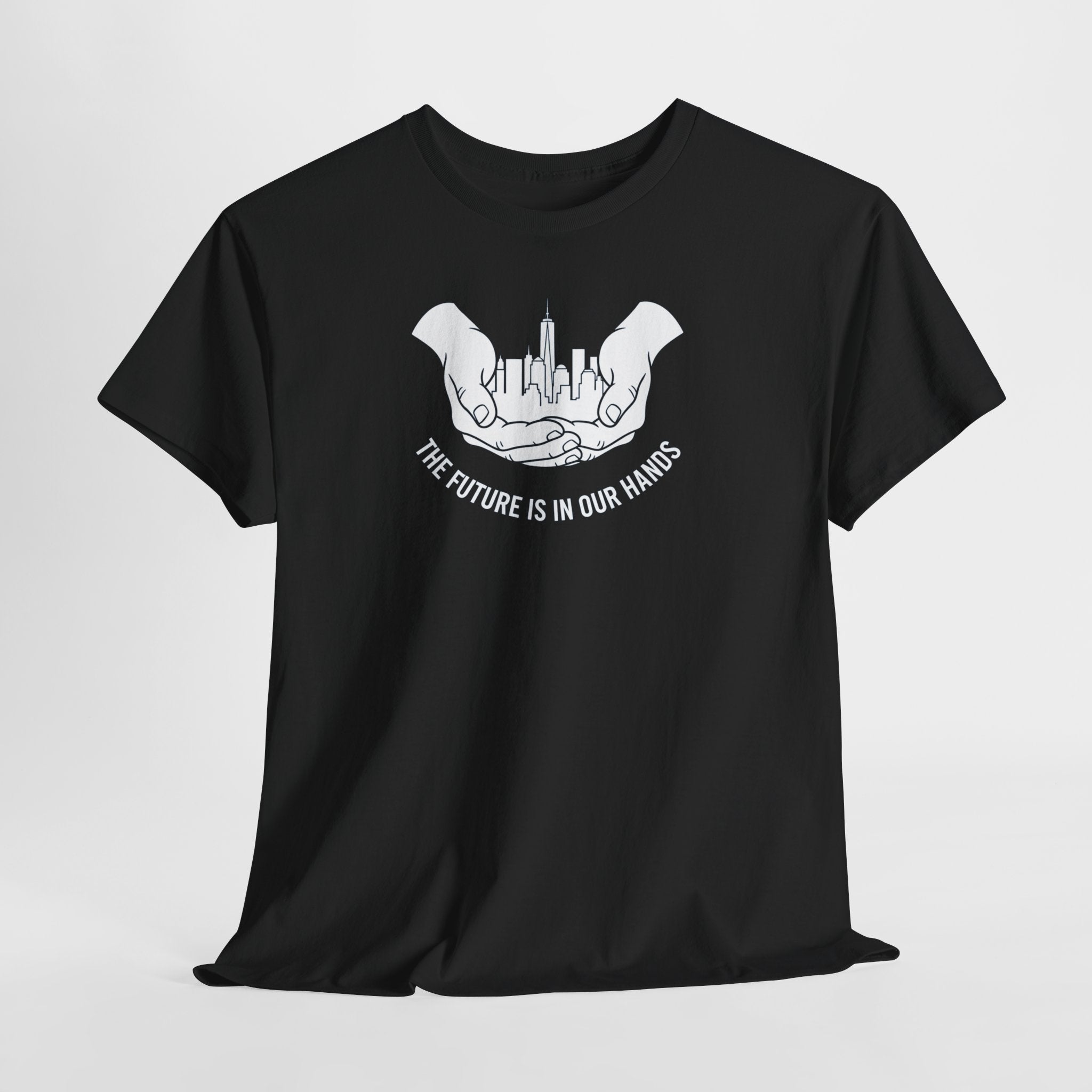 The Future Is In Our Hands T-Shirt | Hands Holding City Skyline Graphic