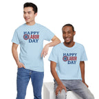Happy Labor Day T-Shirt | Patriotic Floral Sunburst, Red Blue Holiday Tee