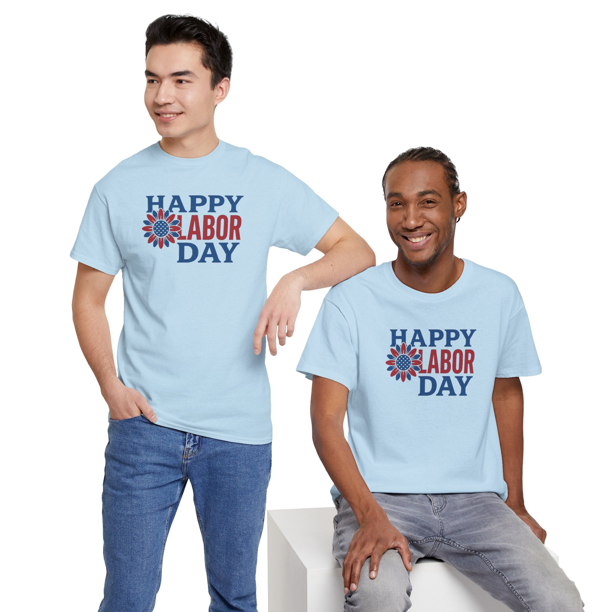 Happy Labor Day T-Shirt | Patriotic Floral Sunburst, Red Blue Holiday Tee