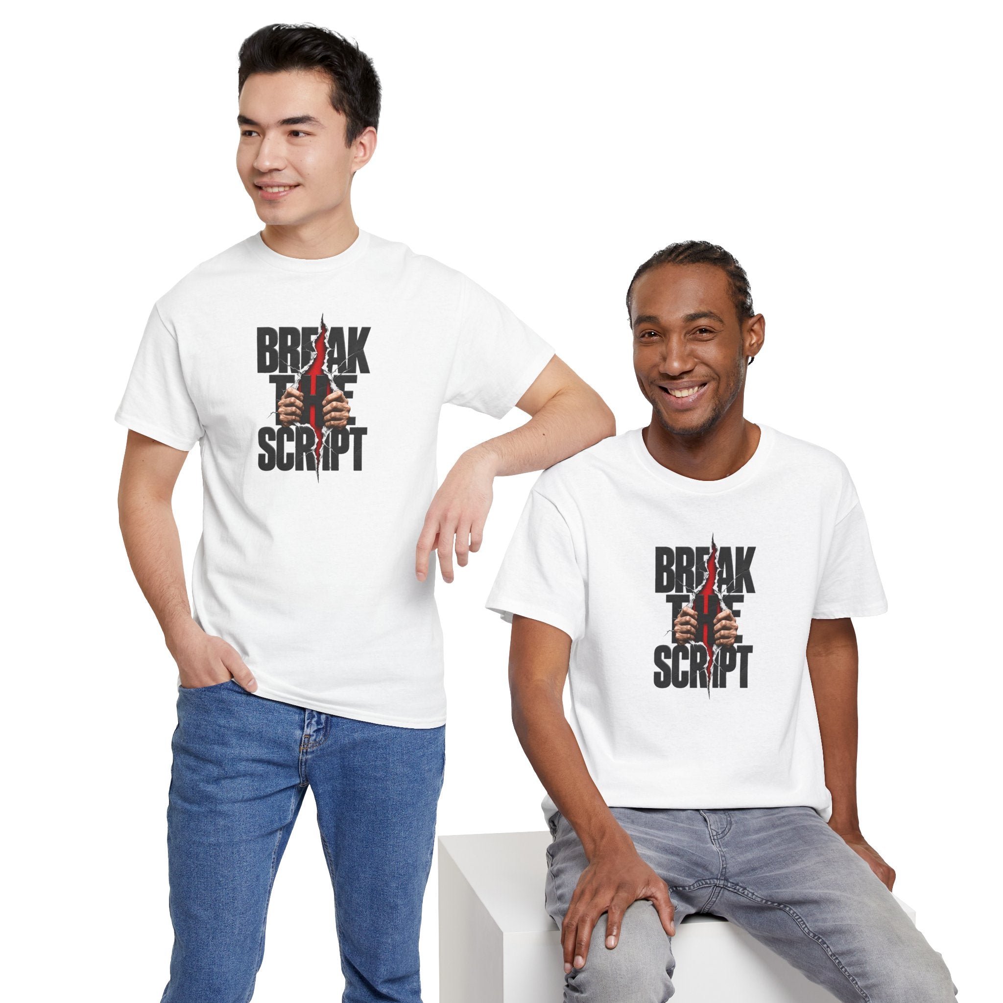 Break the Script hands ripping text Tee | Rebellious typography shirt