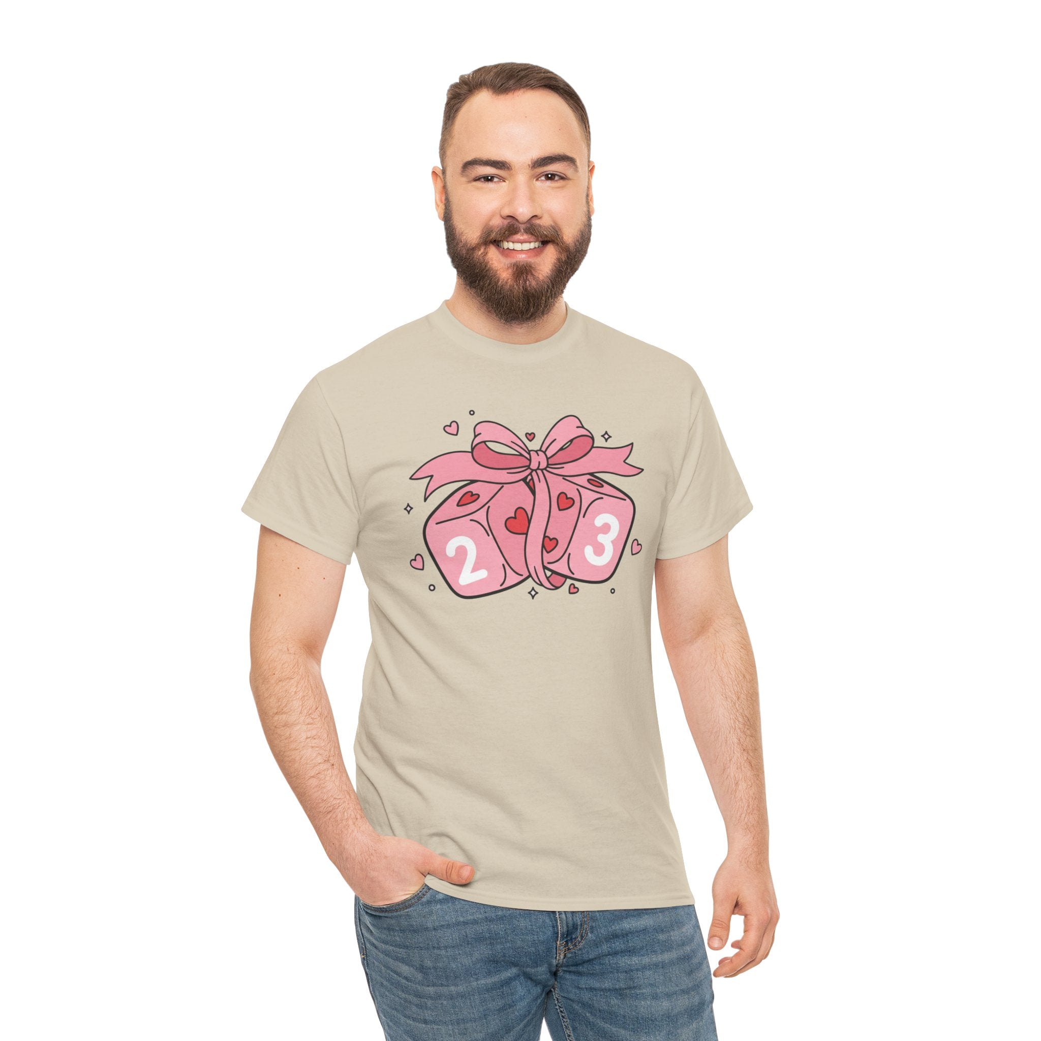 Valentine's Day Pink Dice T-Shirt | Cute D6 Gaming Tee with Bow