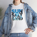 Sun Salt Sand T-Shirt | Beach Typography Tee, Ocean Photo Fill