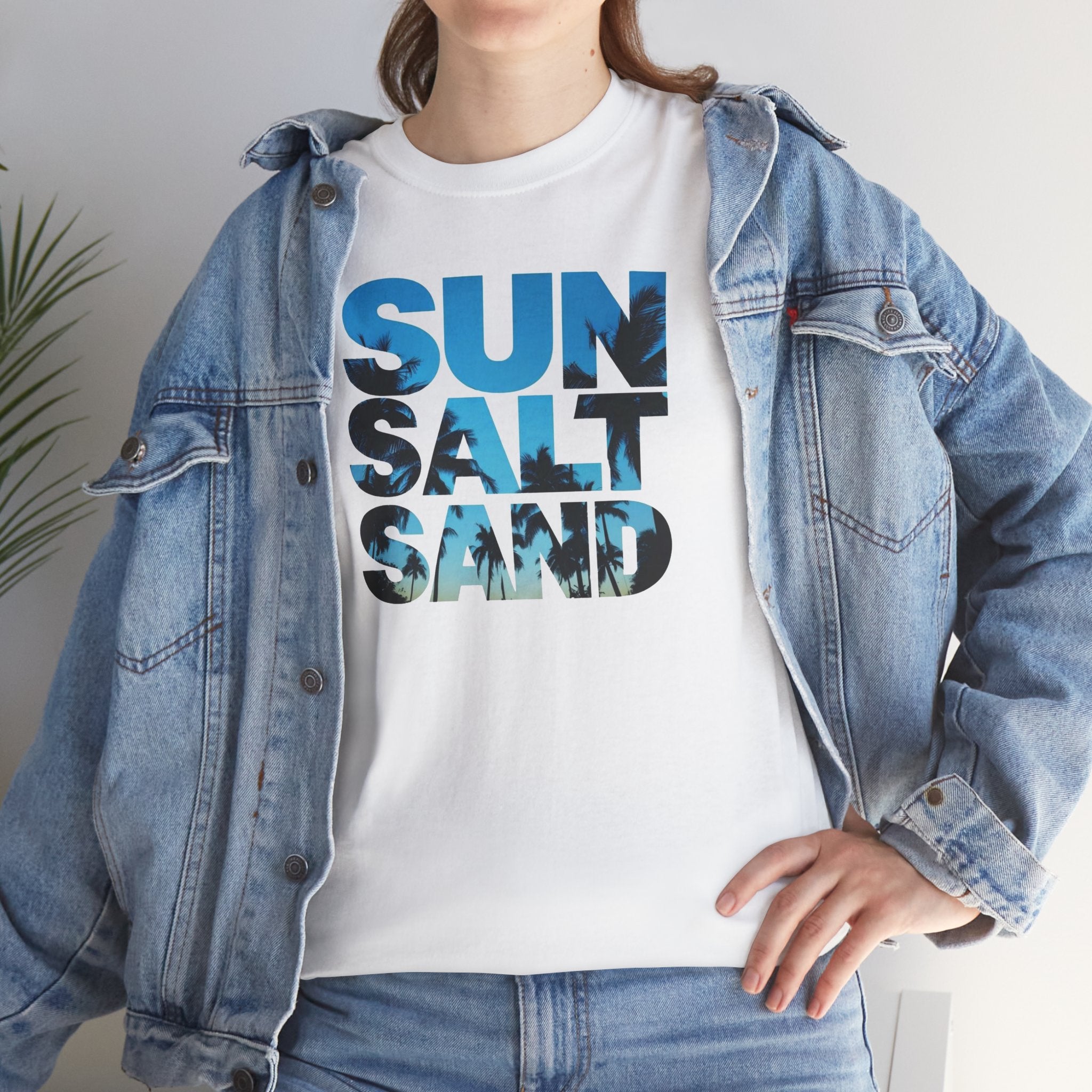 Sun Salt Sand T-Shirt | Beach Typography Tee, Ocean Photo Fill