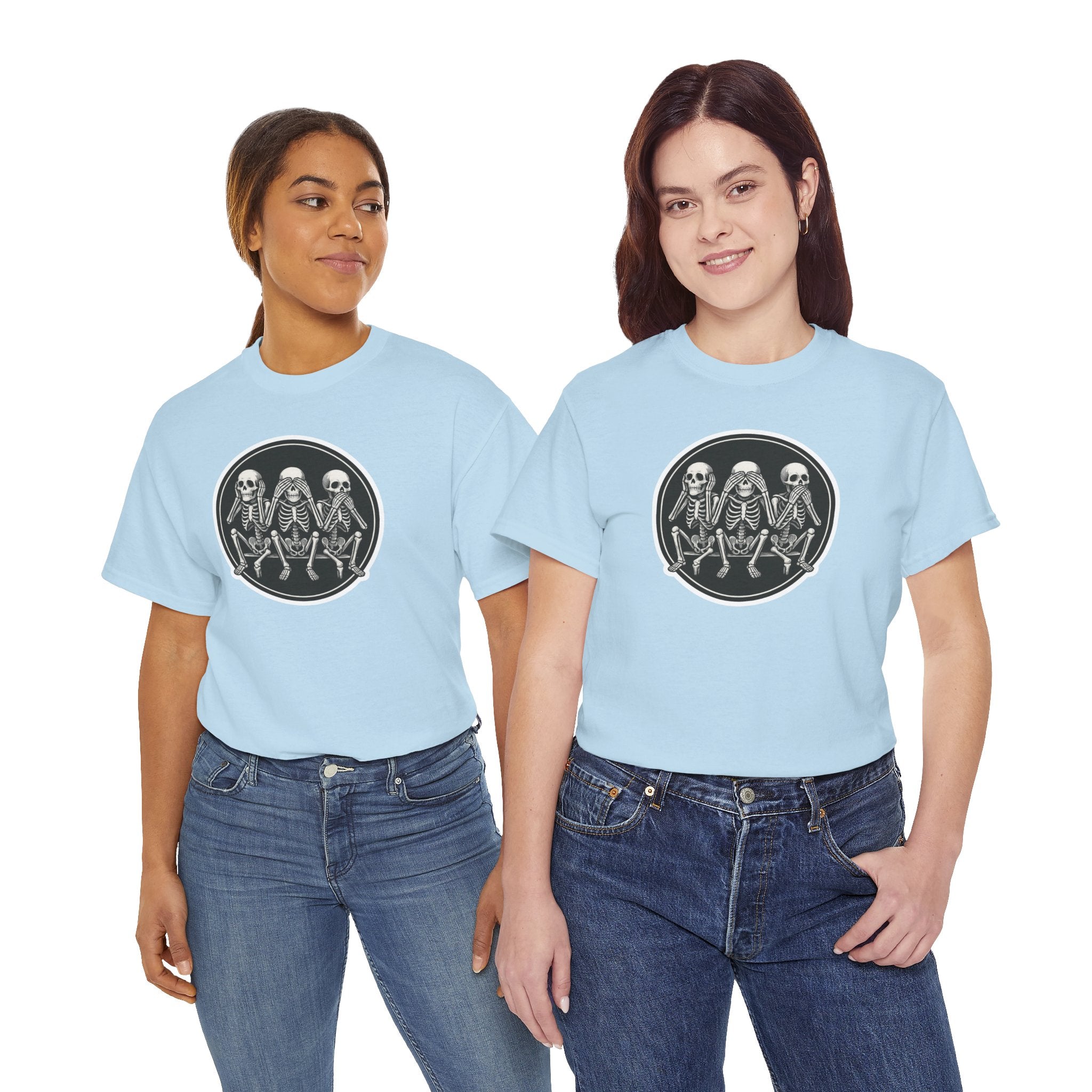 Three Sitting Skeletons Tee | Skull Circle Illustration, Halloween Shirt
