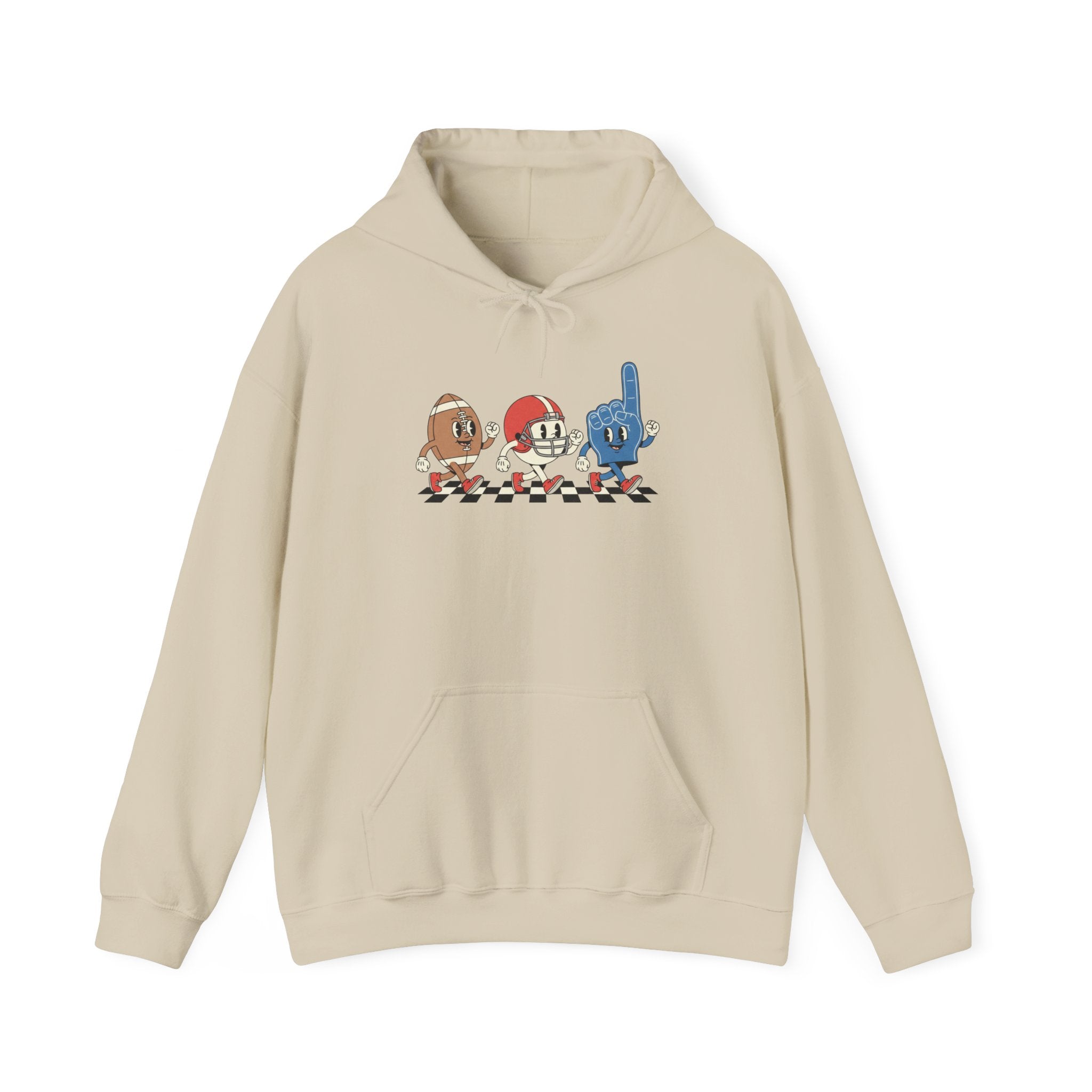 Vintage Football Characters Hoodie | Cartoon Helmet, Foam Finger, Football Mascot