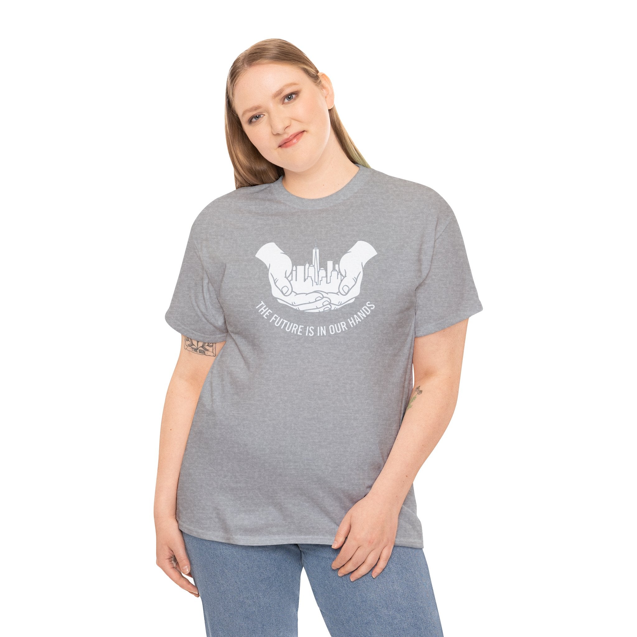 The Future Is In Our Hands T-Shirt | Hands Holding City Skyline Graphic