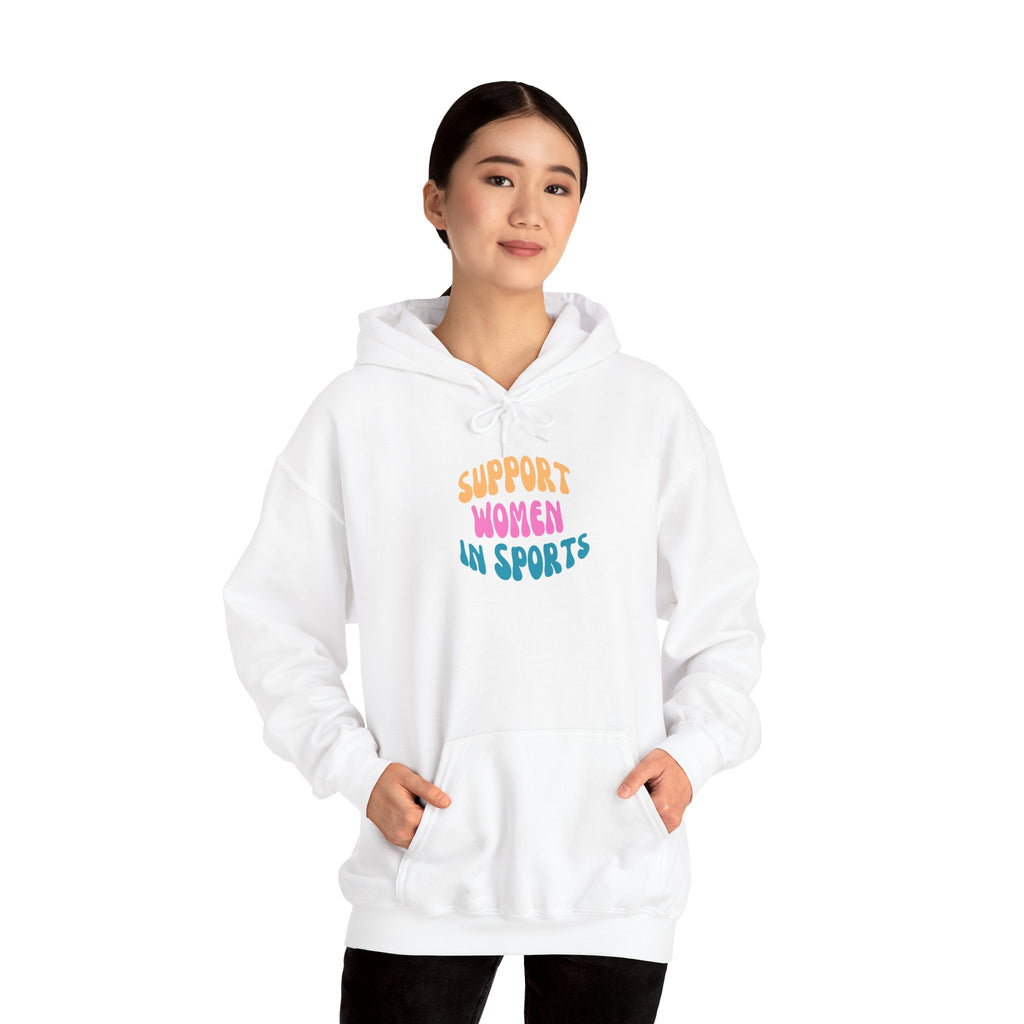 Support Women in Sports Hoodie | Rainbow Text Athletic Advocacy Sweatshirt