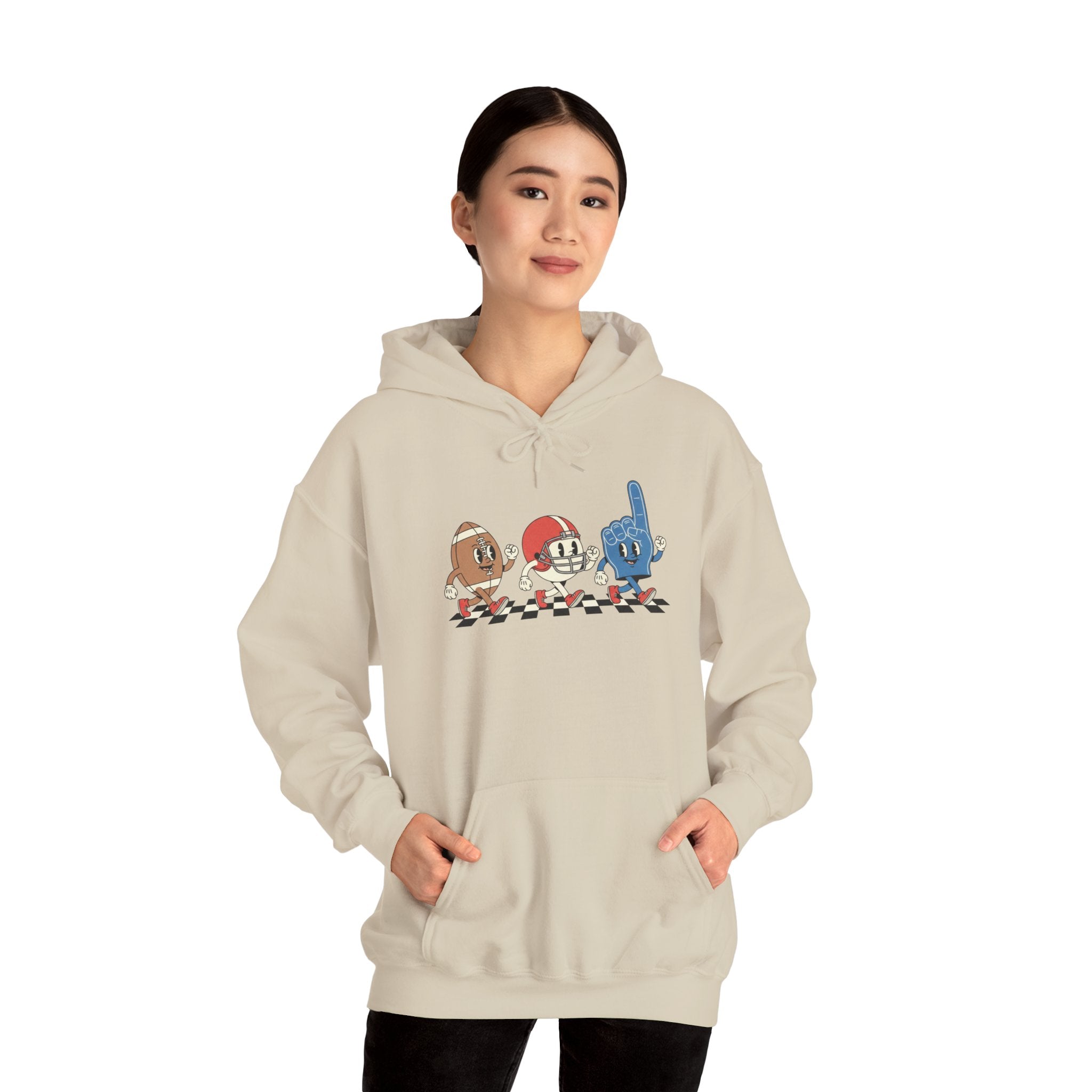 Vintage Football Characters Hoodie | Cartoon Helmet, Foam Finger, Football Mascot