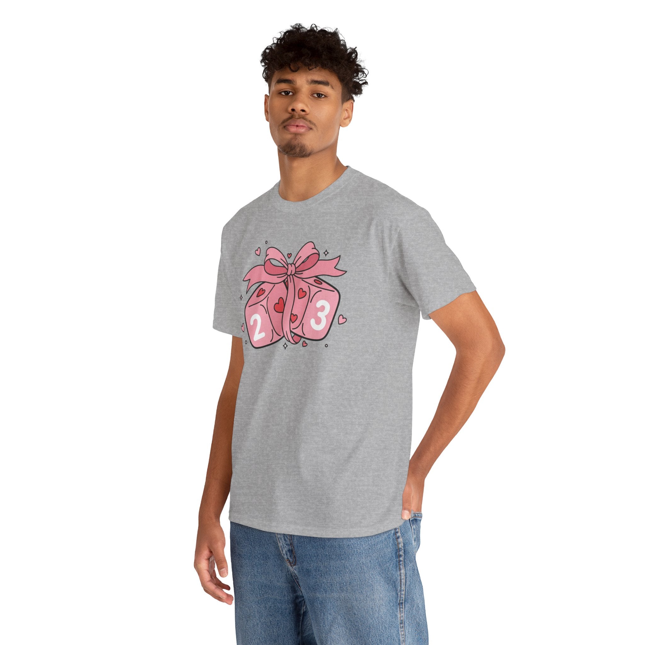 Valentine's Day Pink Dice T-Shirt | Cute D6 Gaming Tee with Bow