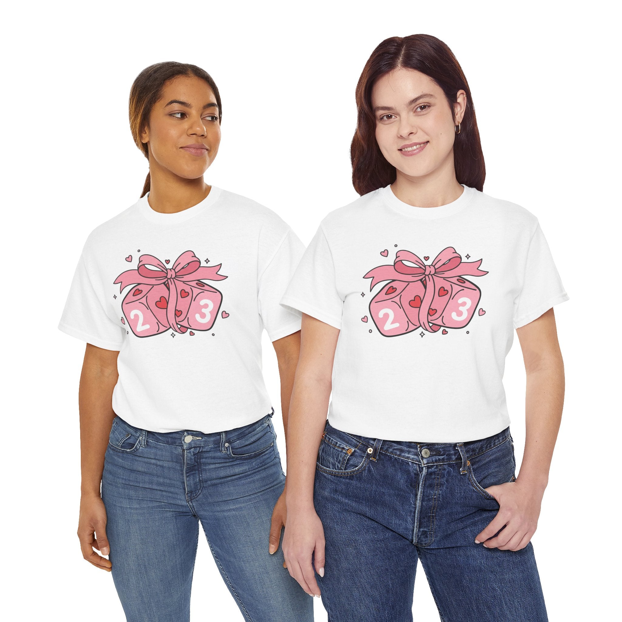 Valentine's Day Pink Dice T-Shirt | Cute D6 Gaming Tee with Bow