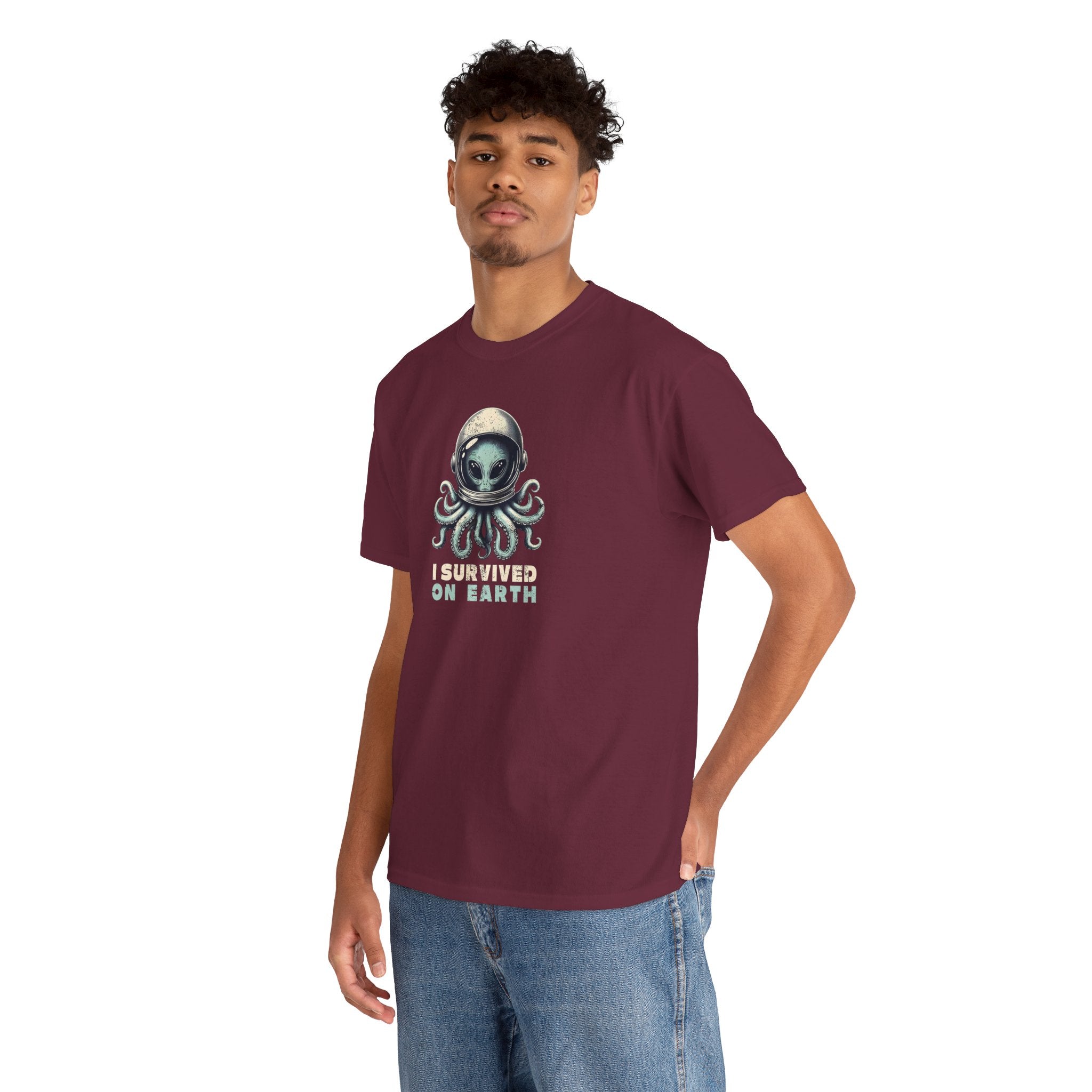 I Survived on Earth Alien Octopus Tee | Space Helmet Illustration