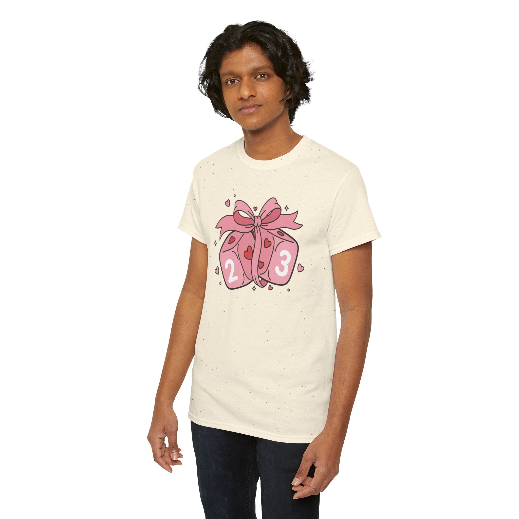 Valentine's Day Pink Dice T-Shirt | Cute D6 Gaming Tee with Bow