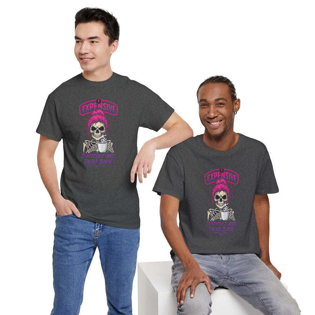 Expensive Skull with Pink Beanie T-Shirt | 'Difficult and Talks Back' Graphic Tee
