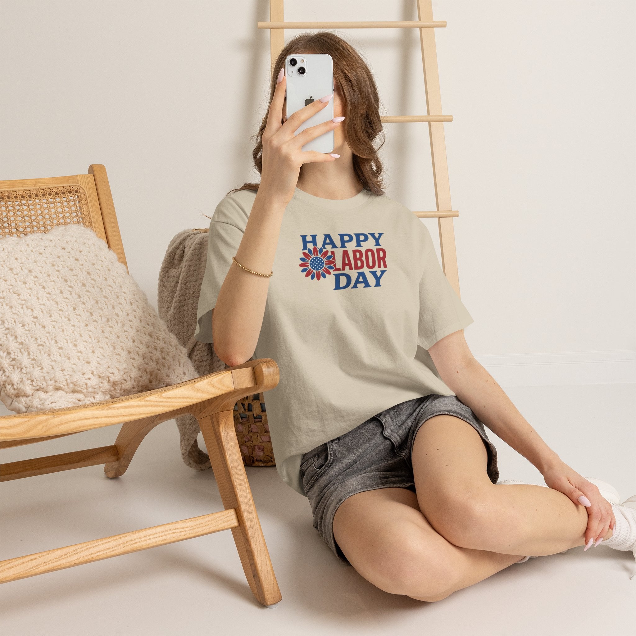 Happy Labor Day T-Shirt | Patriotic Floral Sunburst, Red Blue Holiday Tee