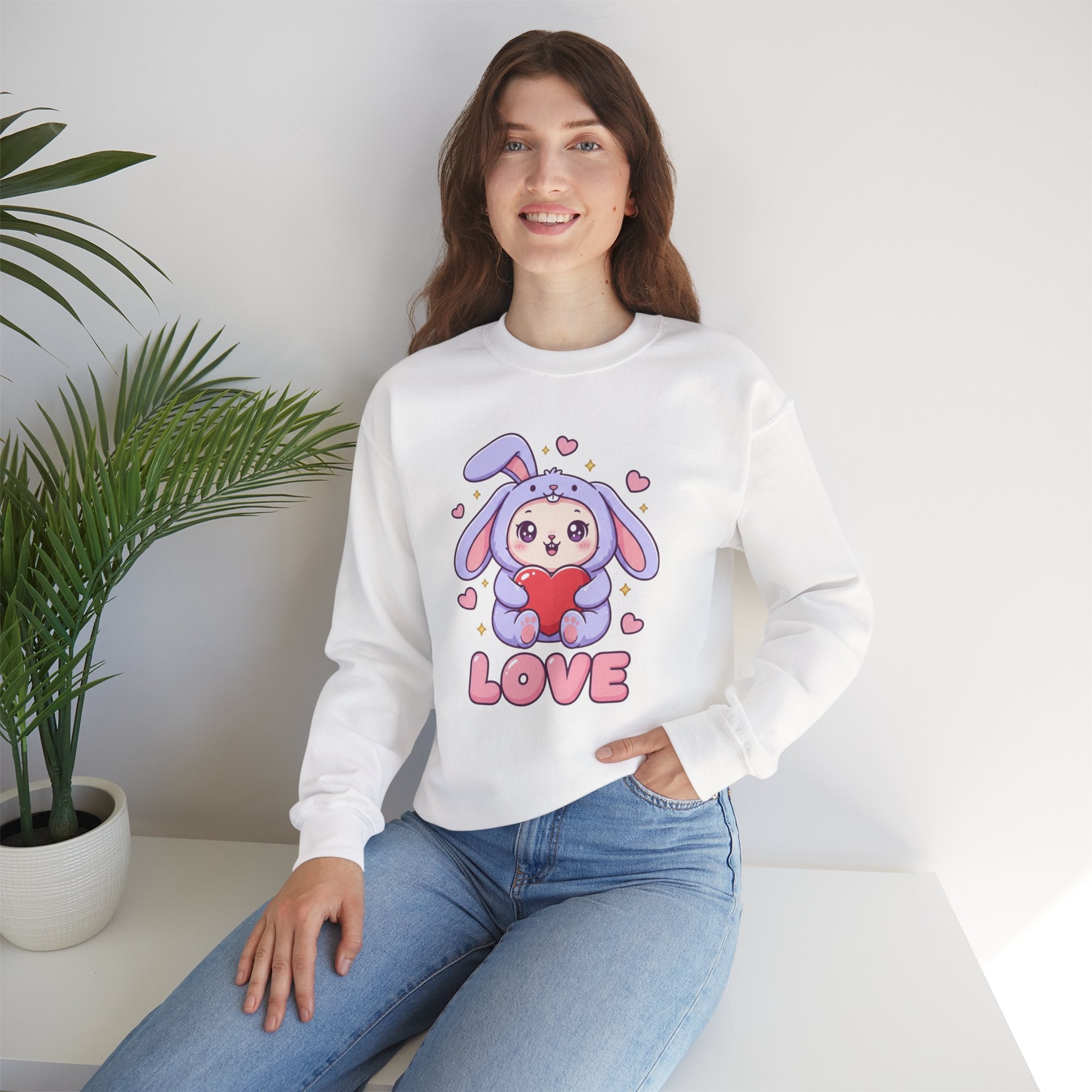 Valentine's Day Kawaii Bunny Sweatshirt | Cute Bunny Holding Heart Love Crewneck