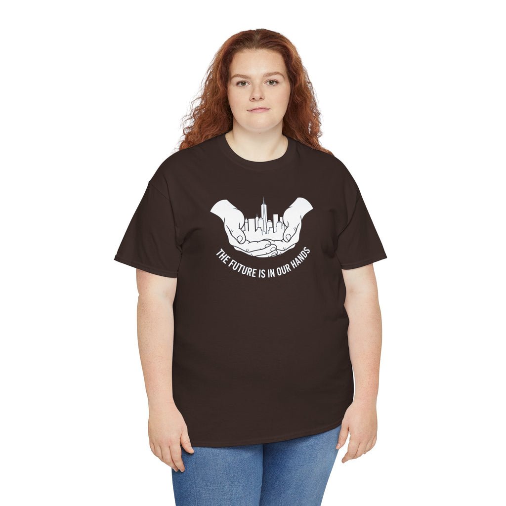 The Future Is In Our Hands T-Shirt | Hands Holding City Skyline Graphic