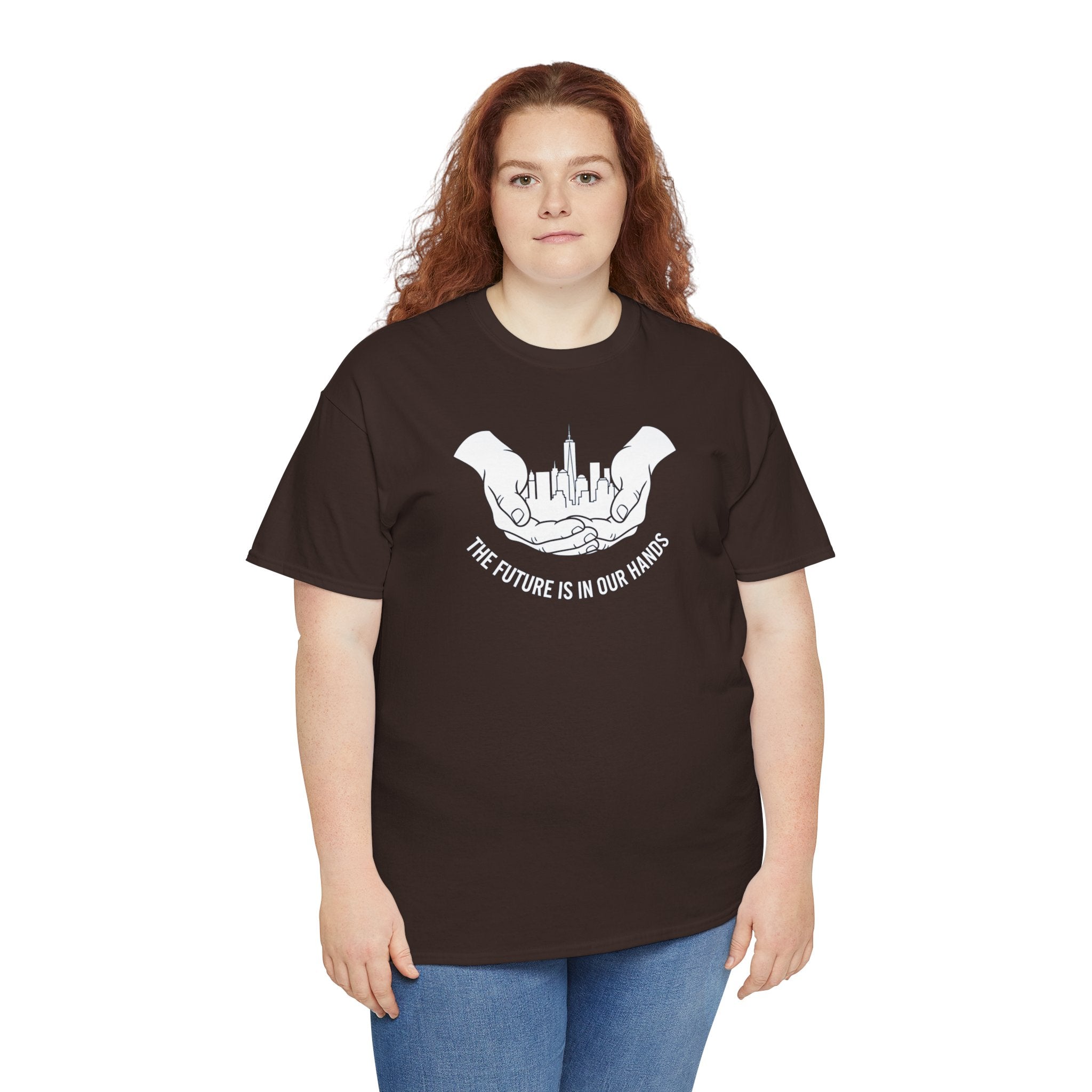 The Future Is In Our Hands T-Shirt | Hands Holding City Skyline Graphic