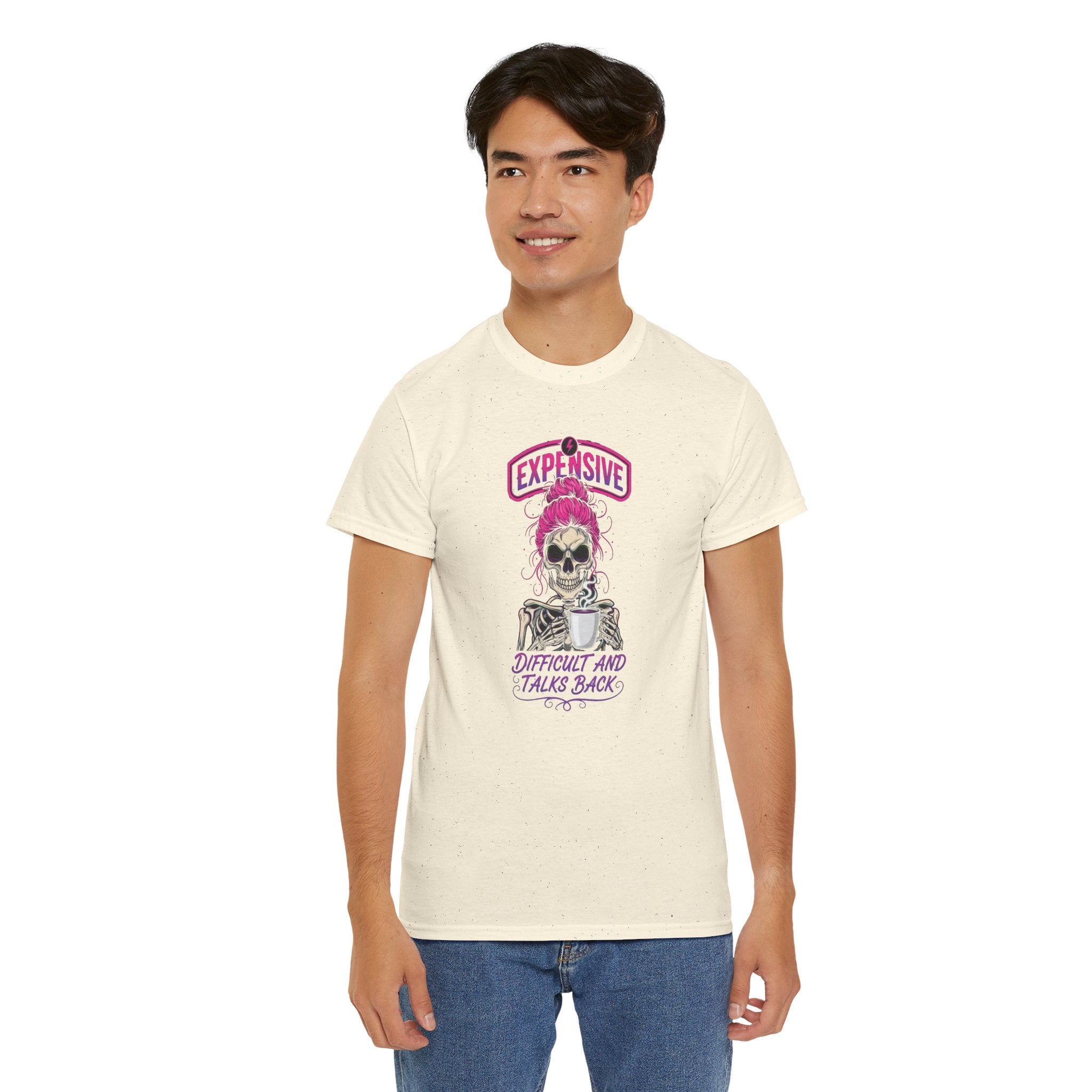 Expensive Skull with Pink Beanie T-Shirt | 'Difficult and Talks Back' Graphic Tee
