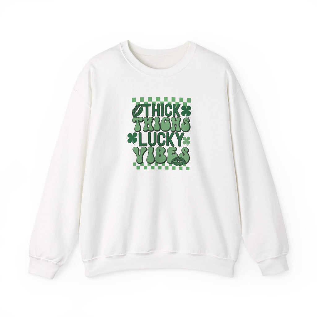 Thick Thighs Lucky Vibes Sweatshirt | Retro Clover Stacked Text