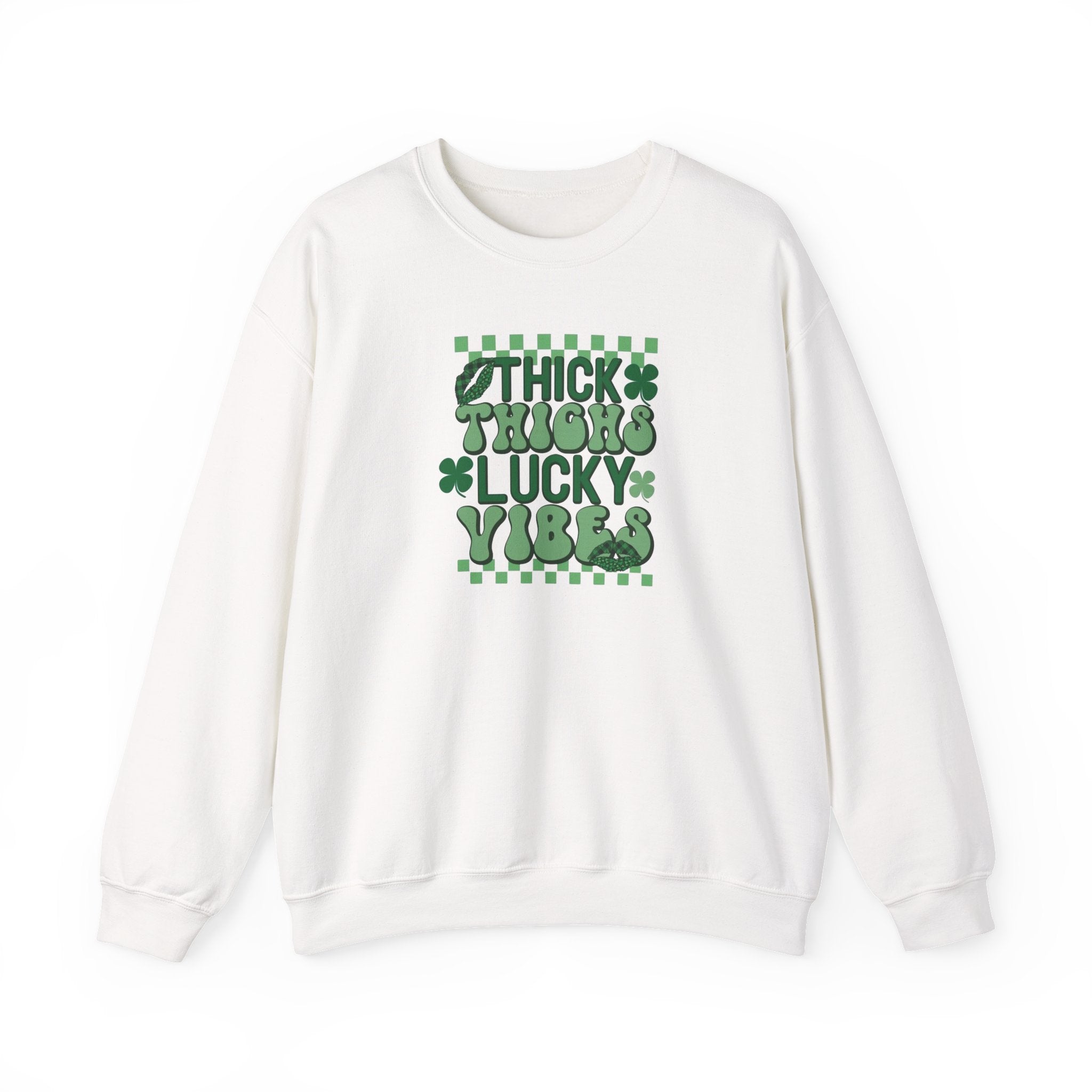 Thick Thighs Lucky Vibes Sweatshirt | Retro Clover Stacked Text