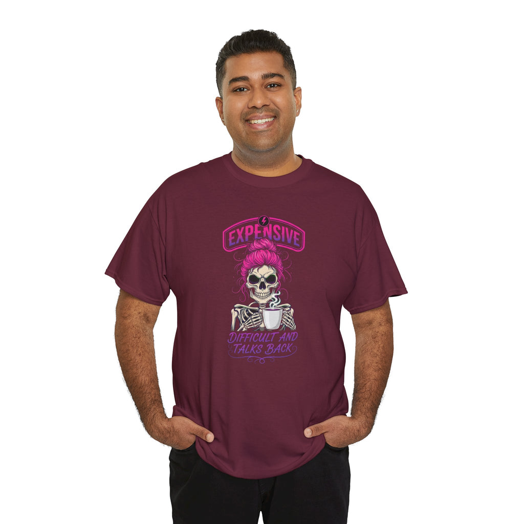 Expensive Skull with Pink Beanie T-Shirt | 'Difficult and Talks Back' Graphic Tee