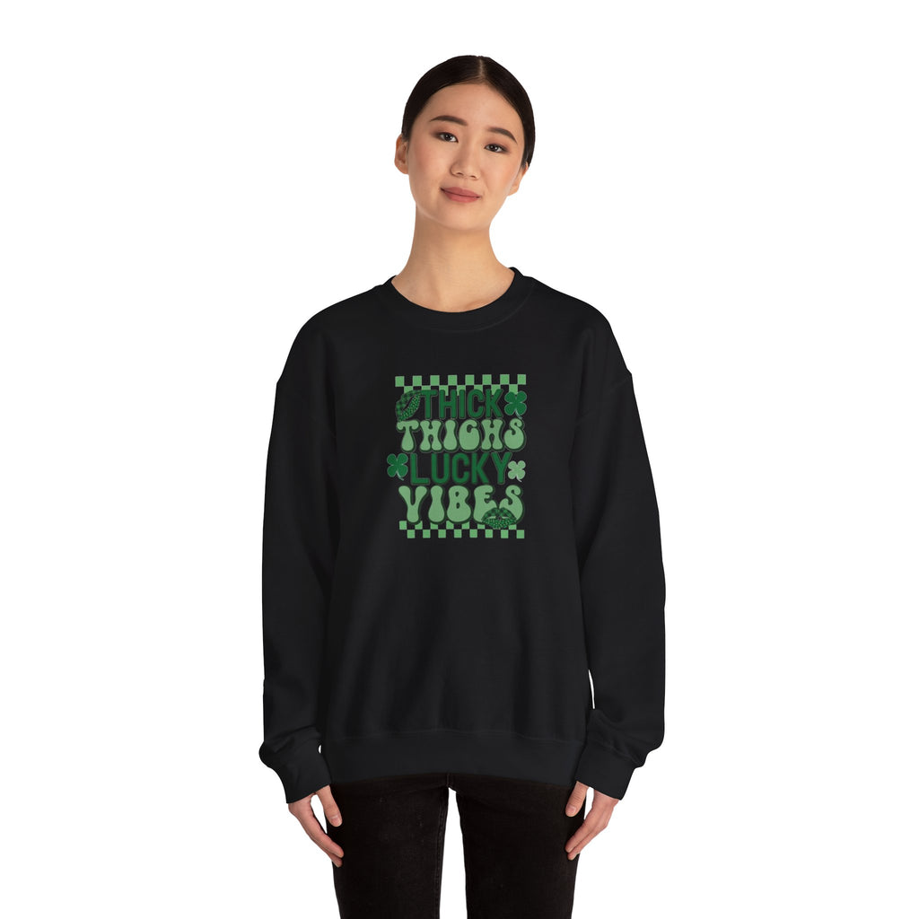 Thick Thighs Lucky Vibes Sweatshirt | Retro Clover Stacked Text
