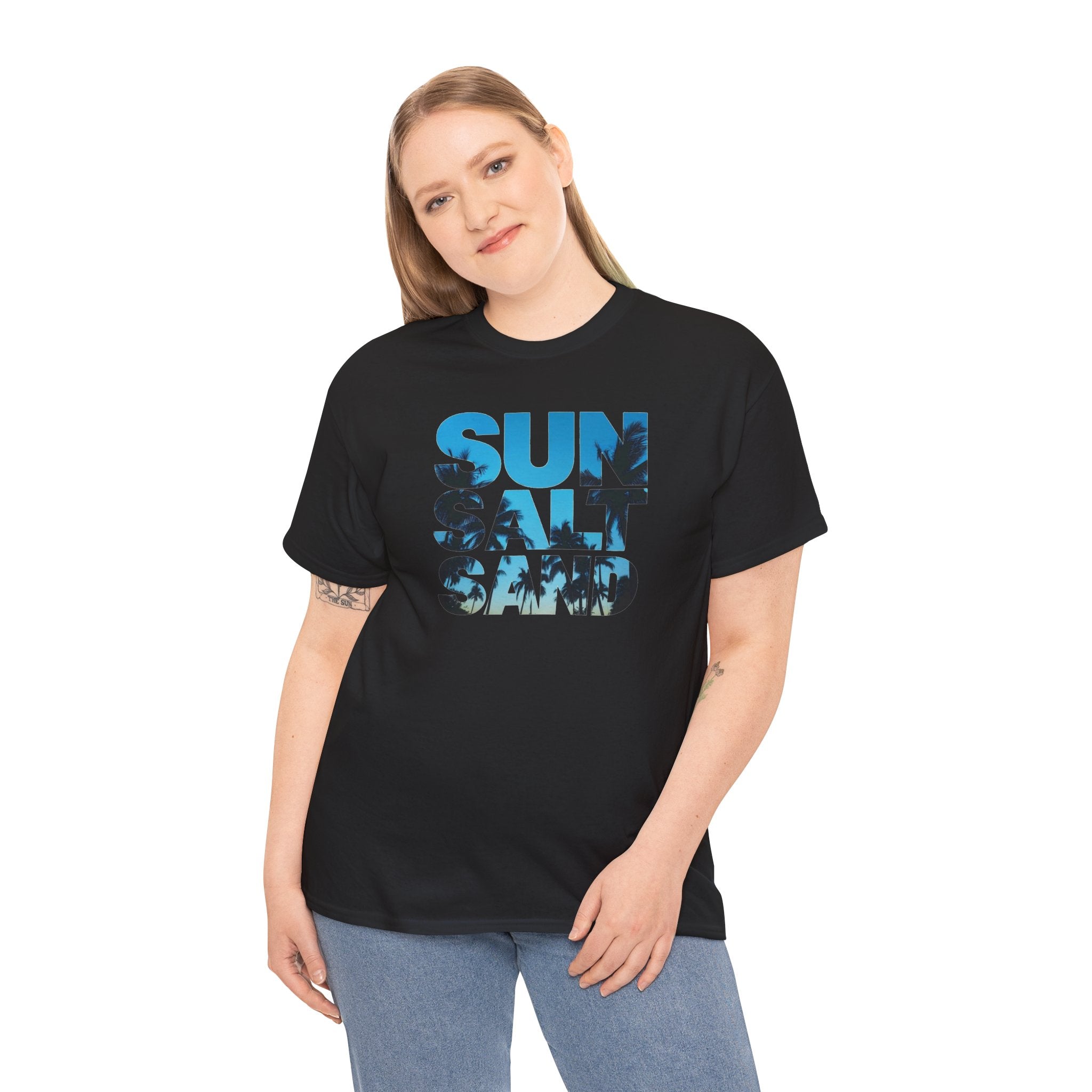 Sun Salt Sand T-Shirt | Beach Typography Tee, Ocean Photo Fill