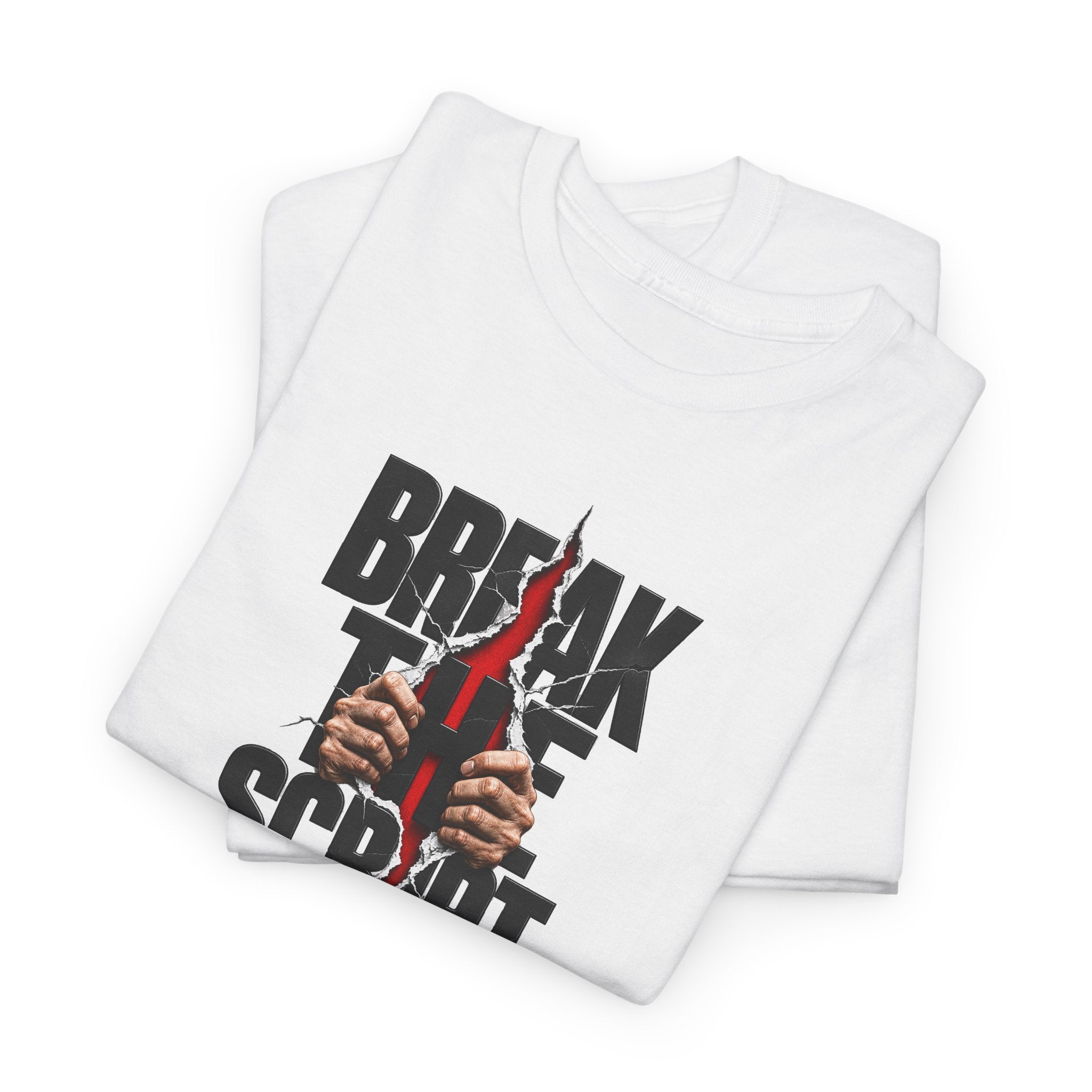 Break the Script hands ripping text Tee | Rebellious typography shirt