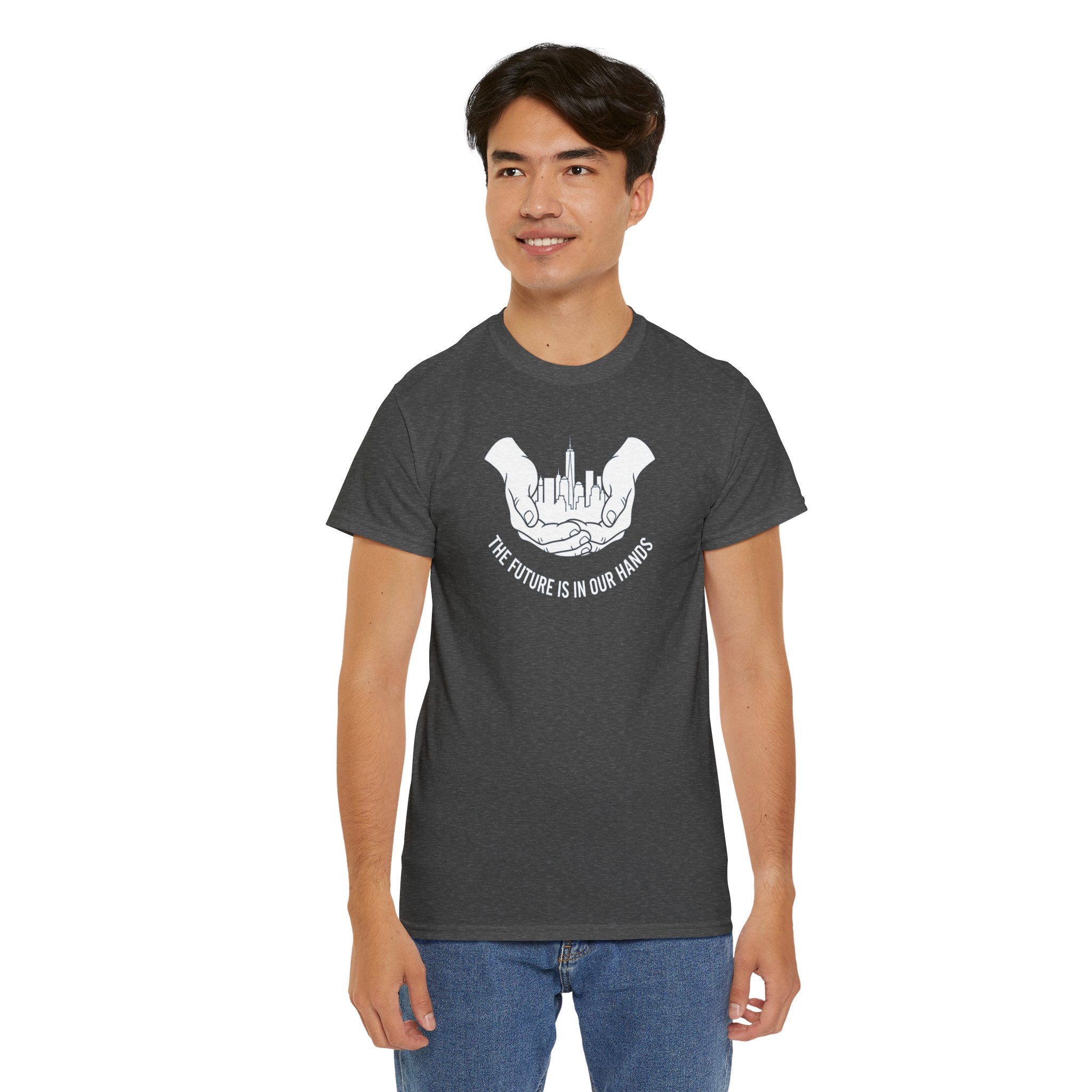 The Future Is In Our Hands T-Shirt | Hands Holding City Skyline Graphic