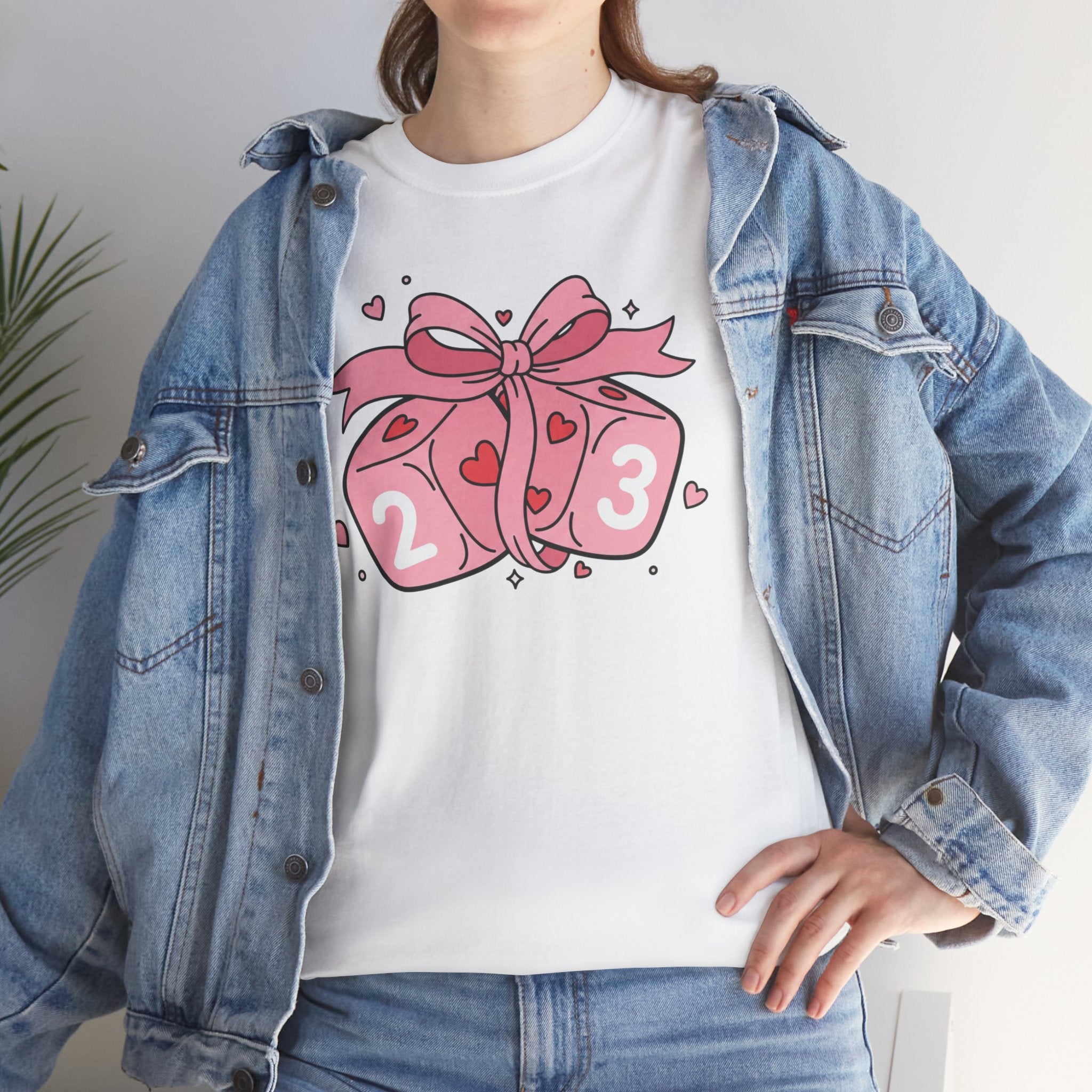 Valentine's Day Pink Dice T-Shirt | Cute D6 Gaming Tee with Bow