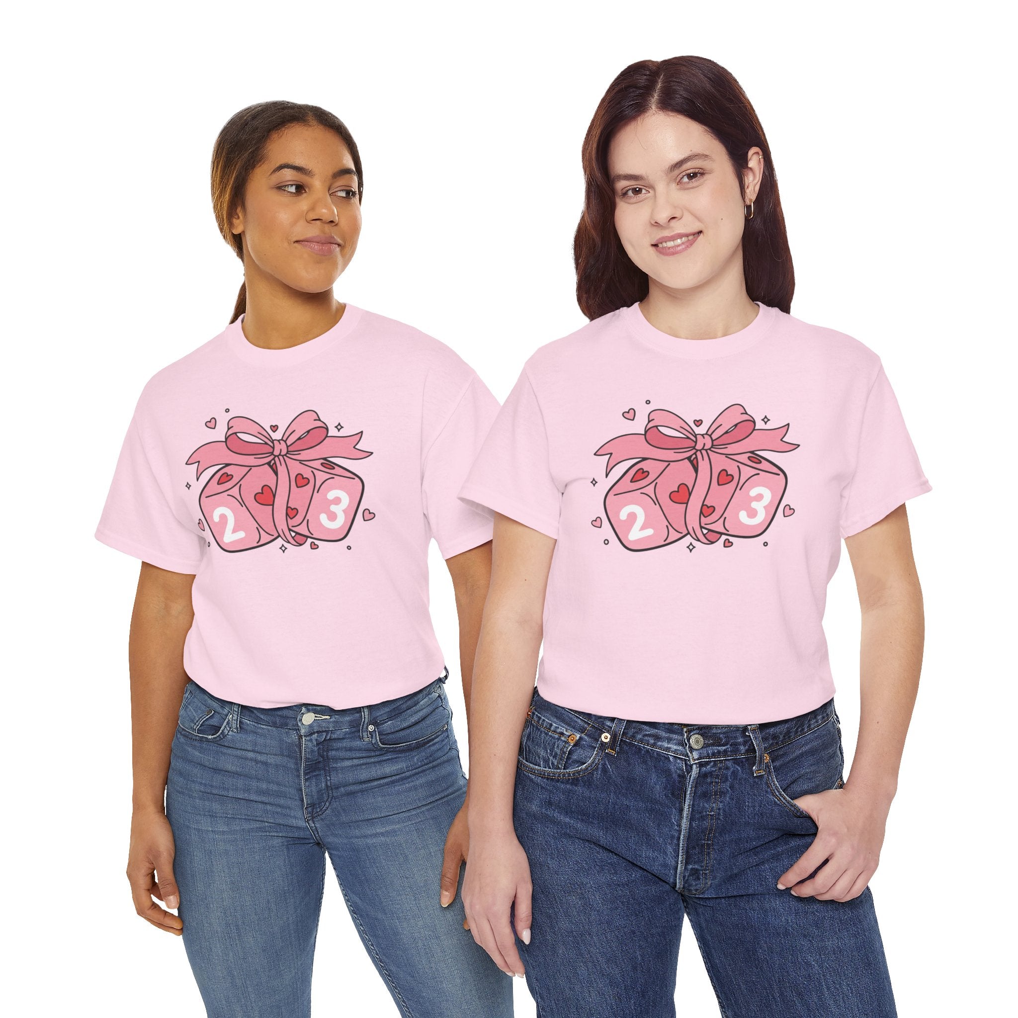 Valentine's Day Pink Dice T-Shirt | Cute D6 Gaming Tee with Bow