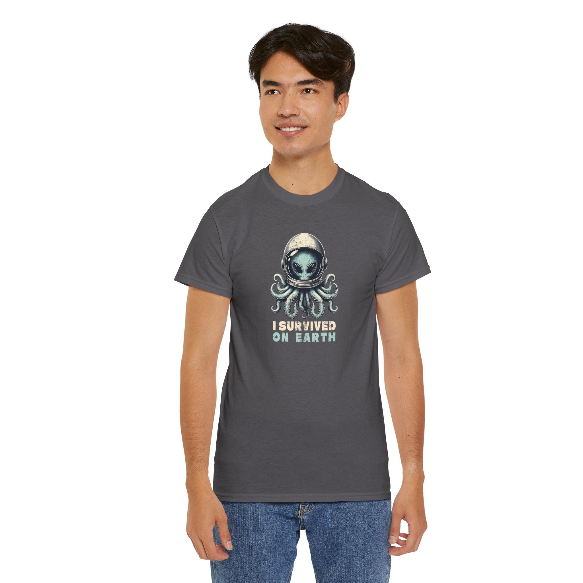 I Survived on Earth Alien Octopus Tee | Space Helmet Illustration