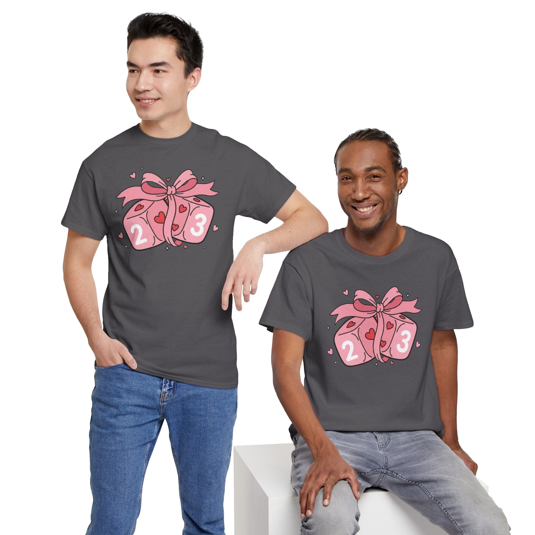 Valentine's Day Pink Dice T-Shirt | Cute D6 Gaming Tee with Bow