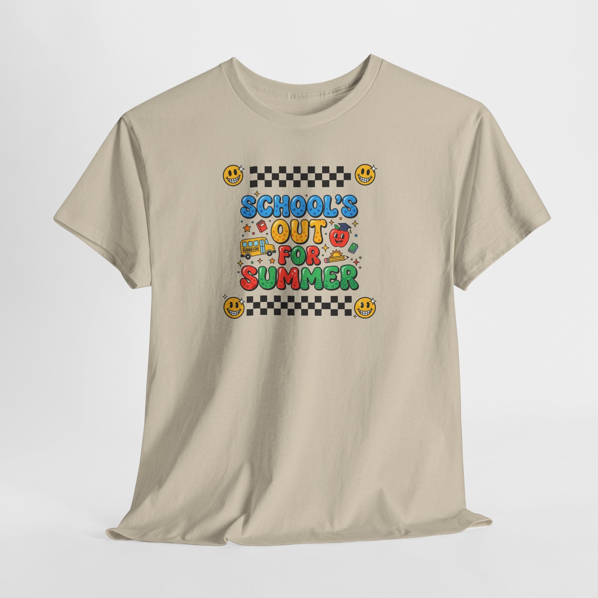 School's Out for Summer T-Shirt | Retro Smileys, Checkerboard, Bright Kids Graphic