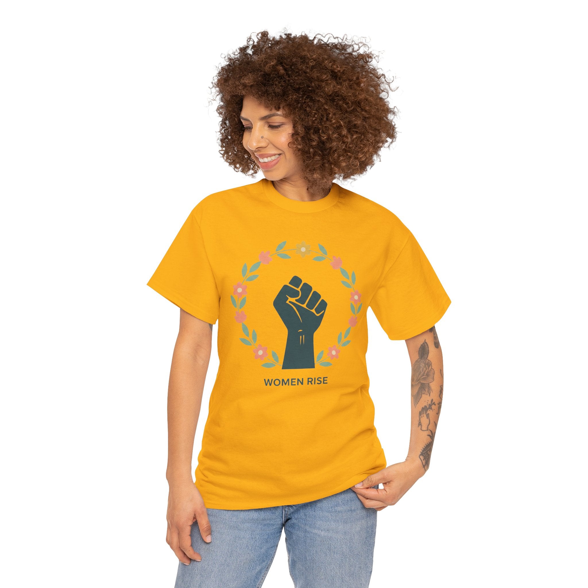 Women Rise Fist Tee | Feminist Power Floral Wreath T-Shirt