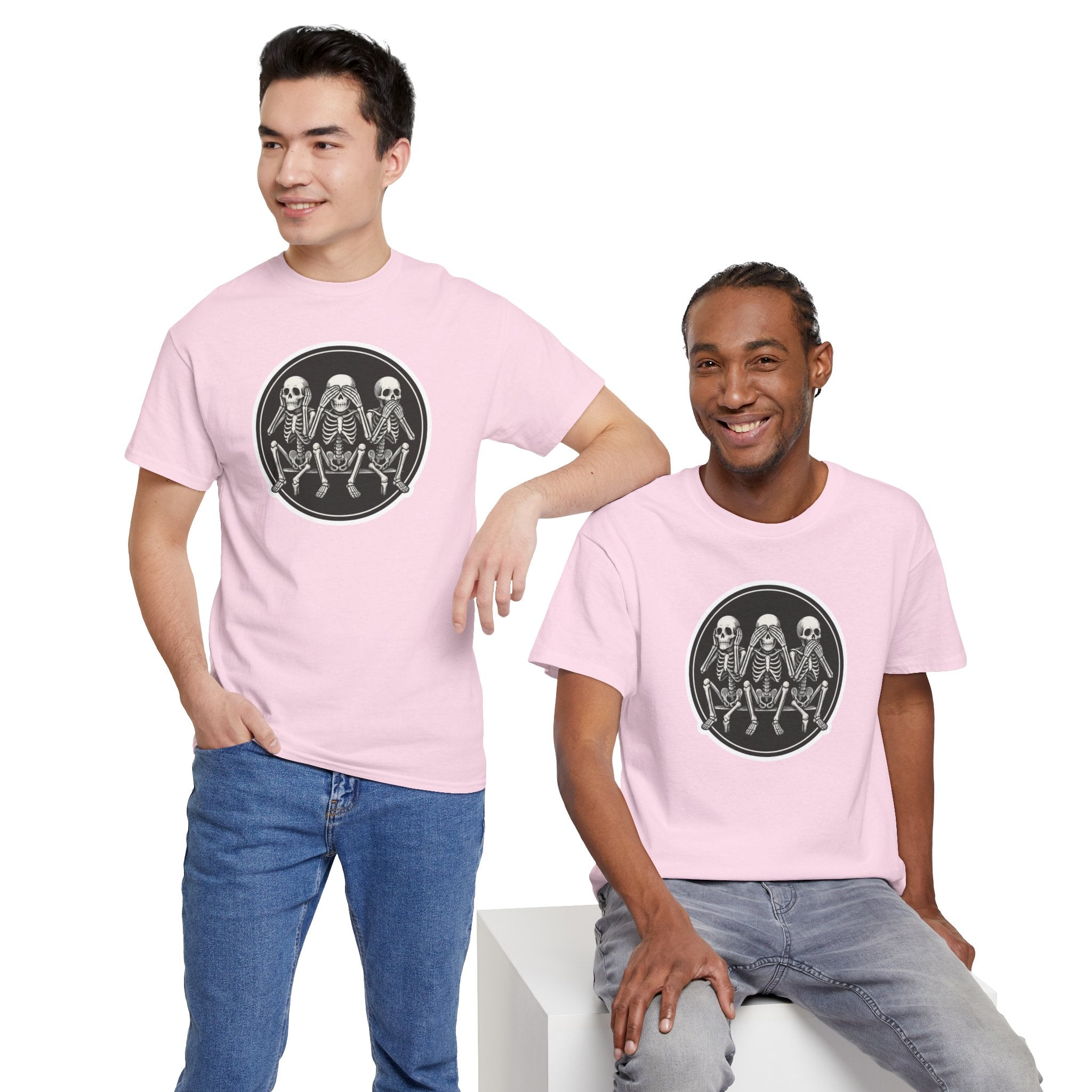 Three Sitting Skeletons Tee | Skull Circle Illustration, Halloween Shirt