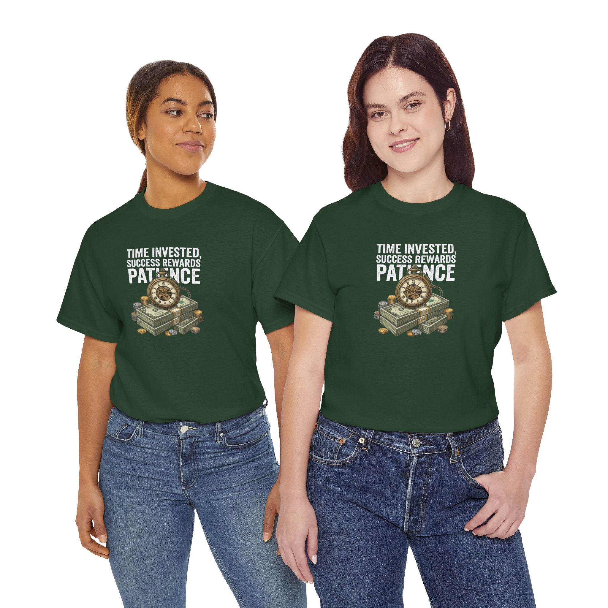 Time Invested Success Rewards Patience Tee | Stacked Cash and Compass Design