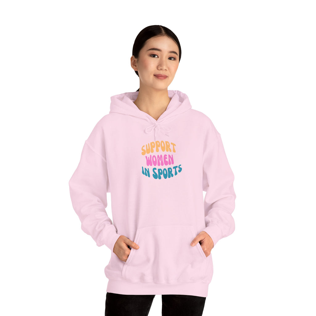 Support Women in Sports Hoodie | Rainbow Text Athletic Advocacy Sweatshirt