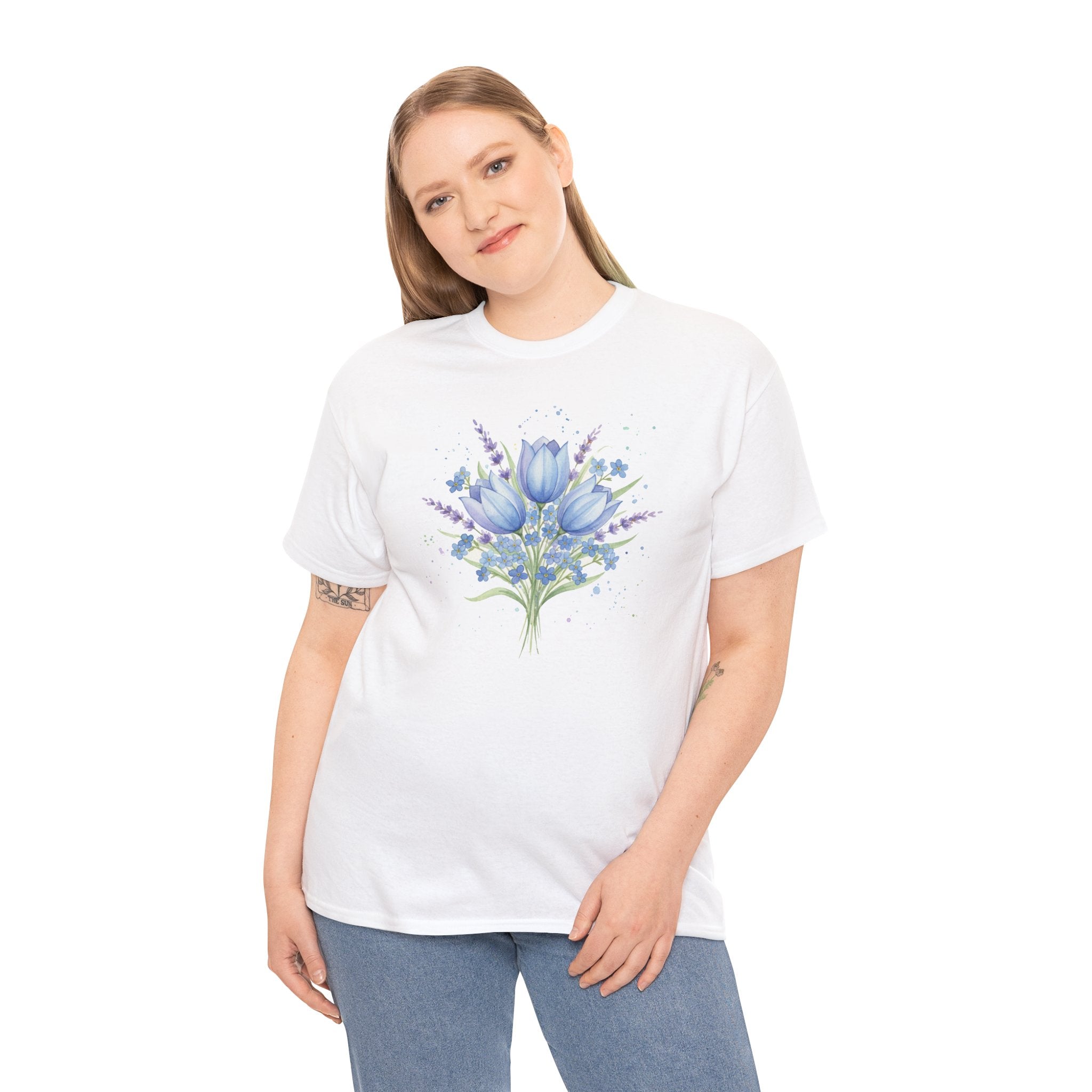Blue Tulip Bouquet Tee | Watercolor Floral Shirt, Spring Flower Design