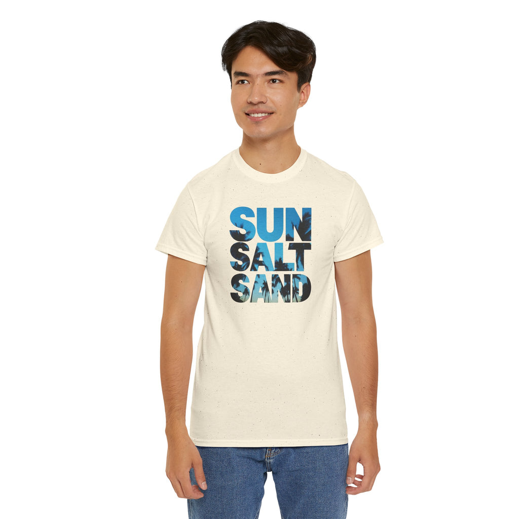 Sun Salt Sand T-Shirt | Beach Typography Tee, Ocean Photo Fill